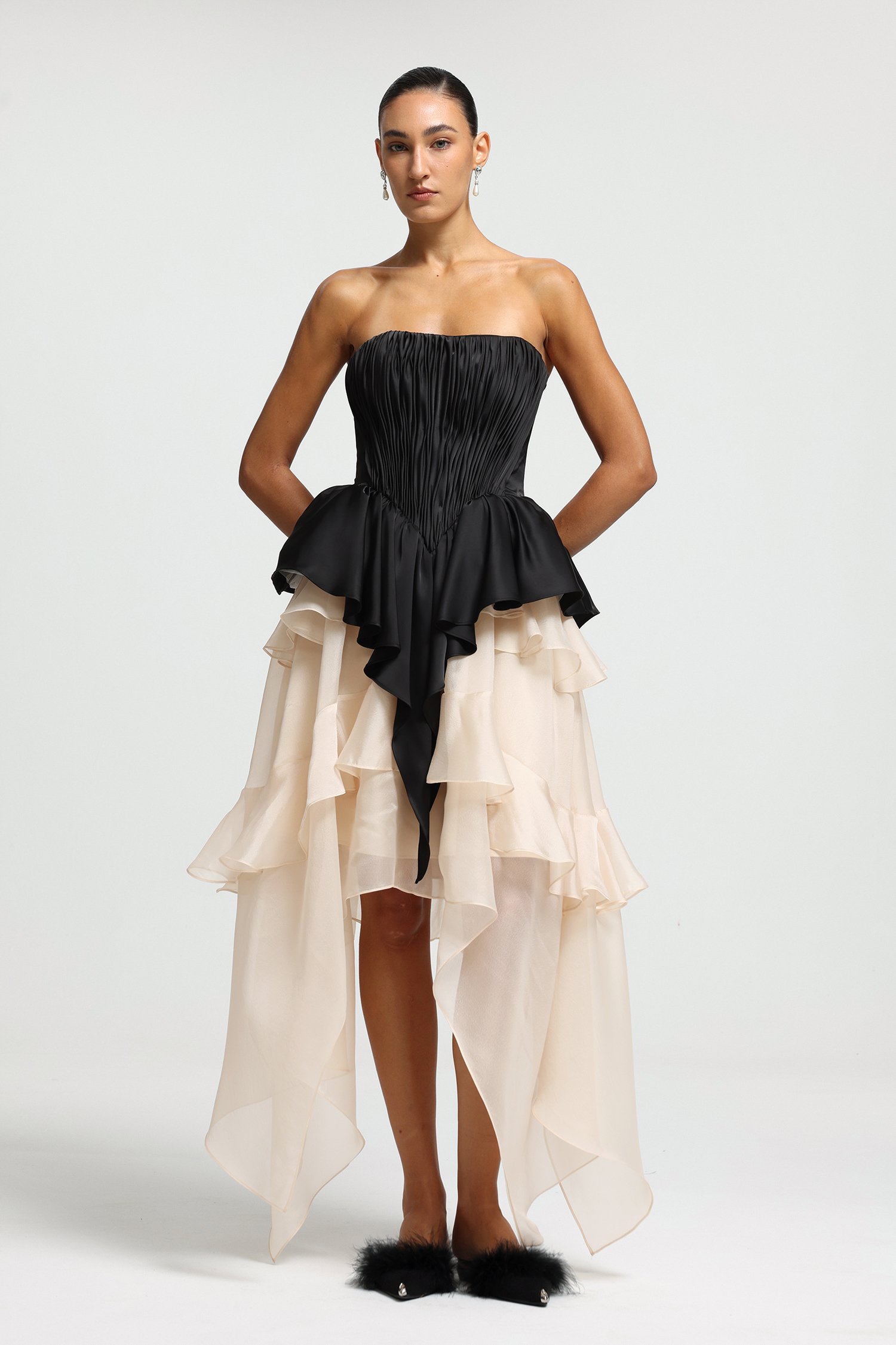 Pleated Peplum High-Low Ruffle Dress