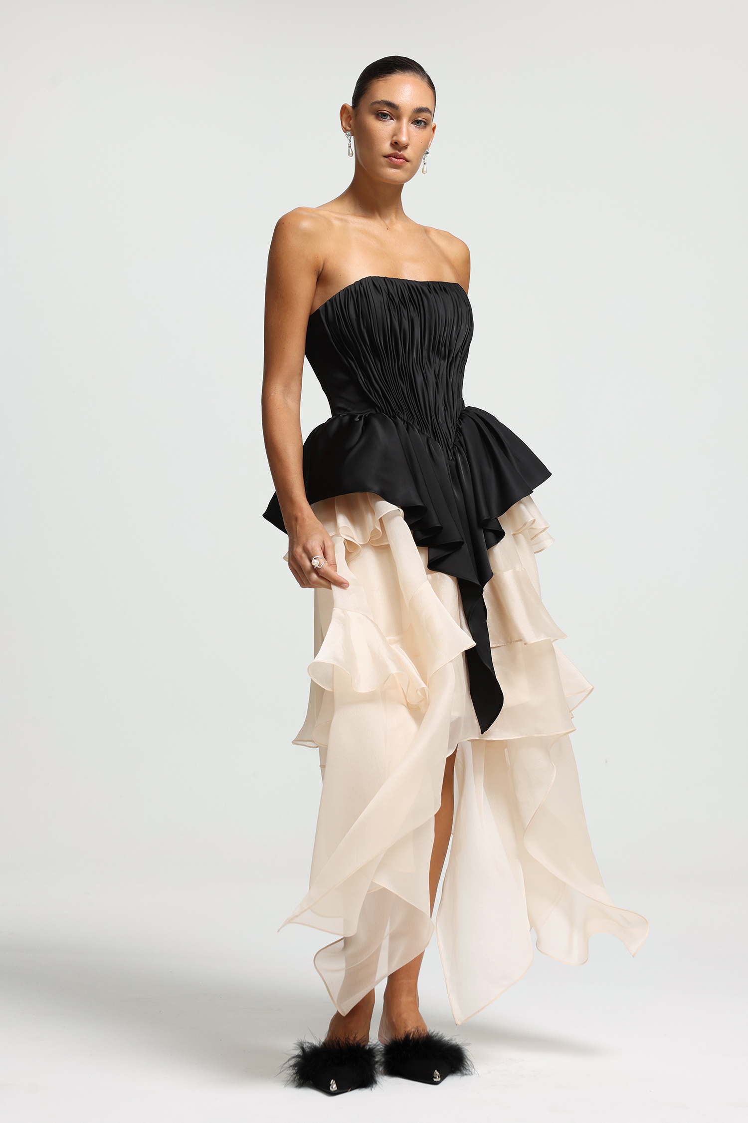 Pleated Peplum High-Low Ruffle Dress