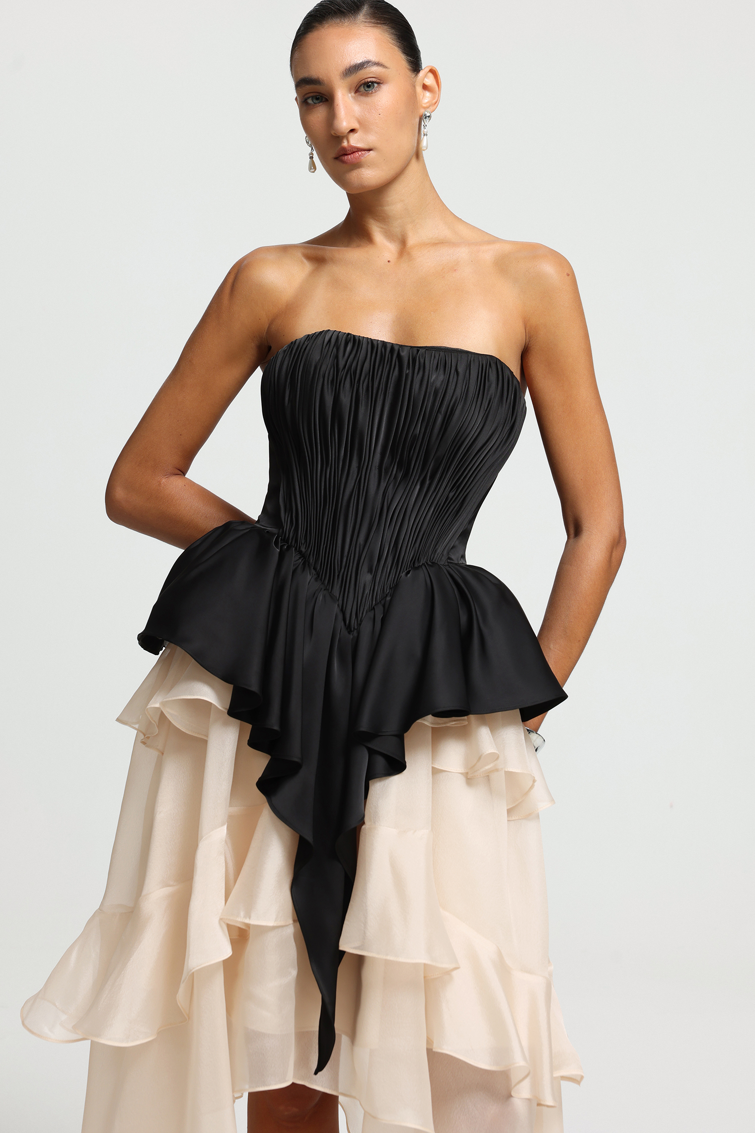 Pleated Peplum High-Low Ruffle Dress