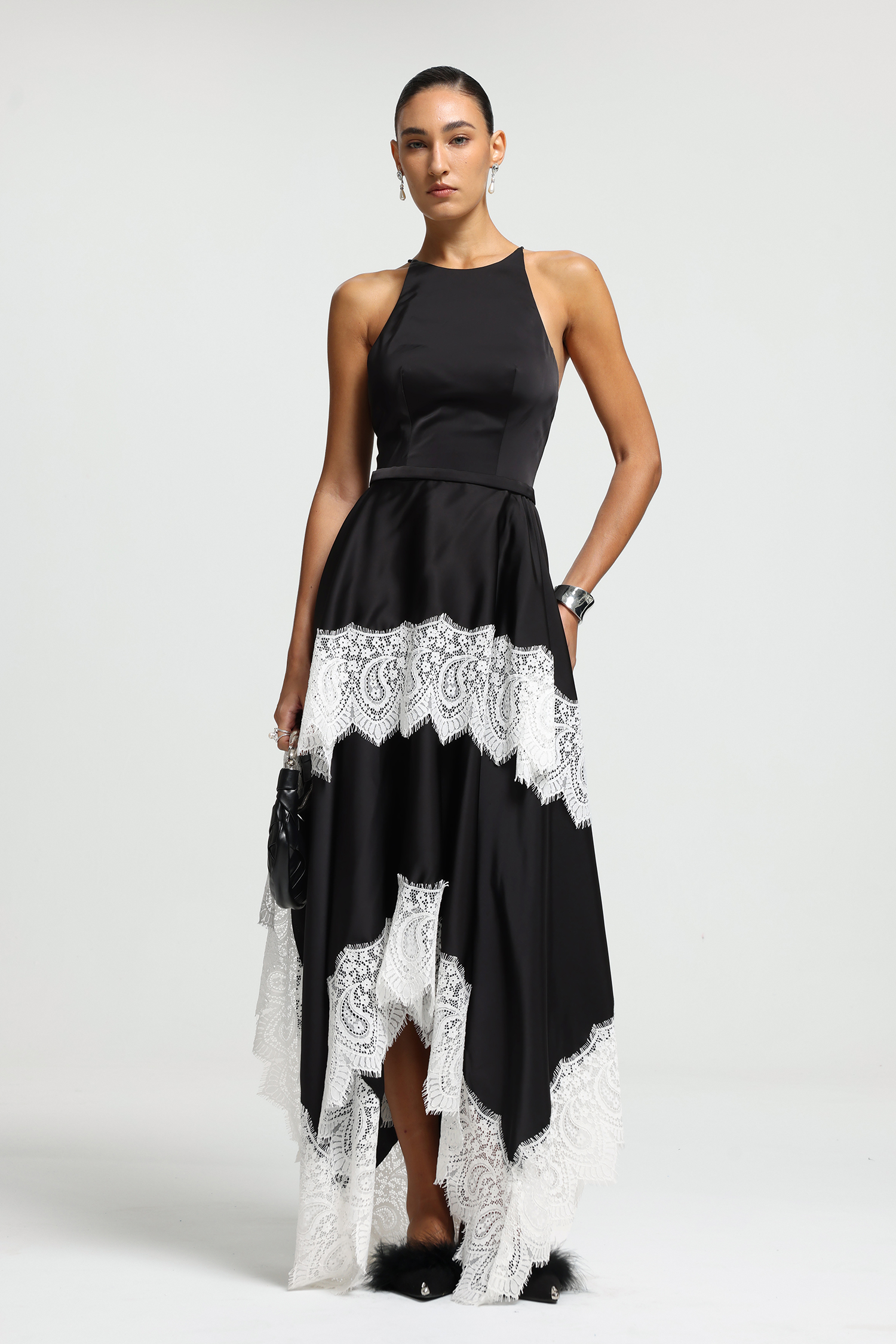 Halter Lace-Trim High-Low Dress