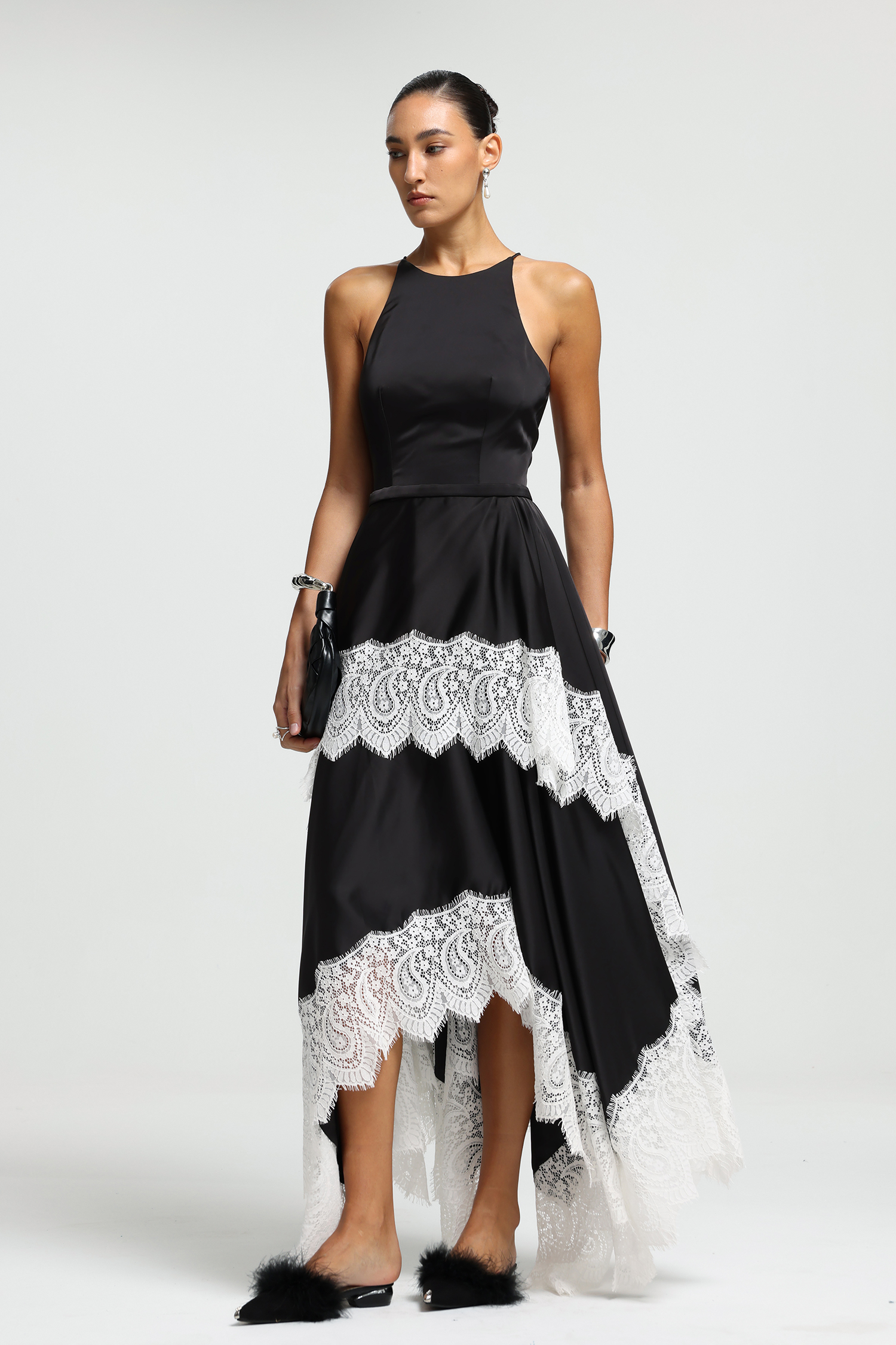 Halter Lace-Trim High-Low Dress