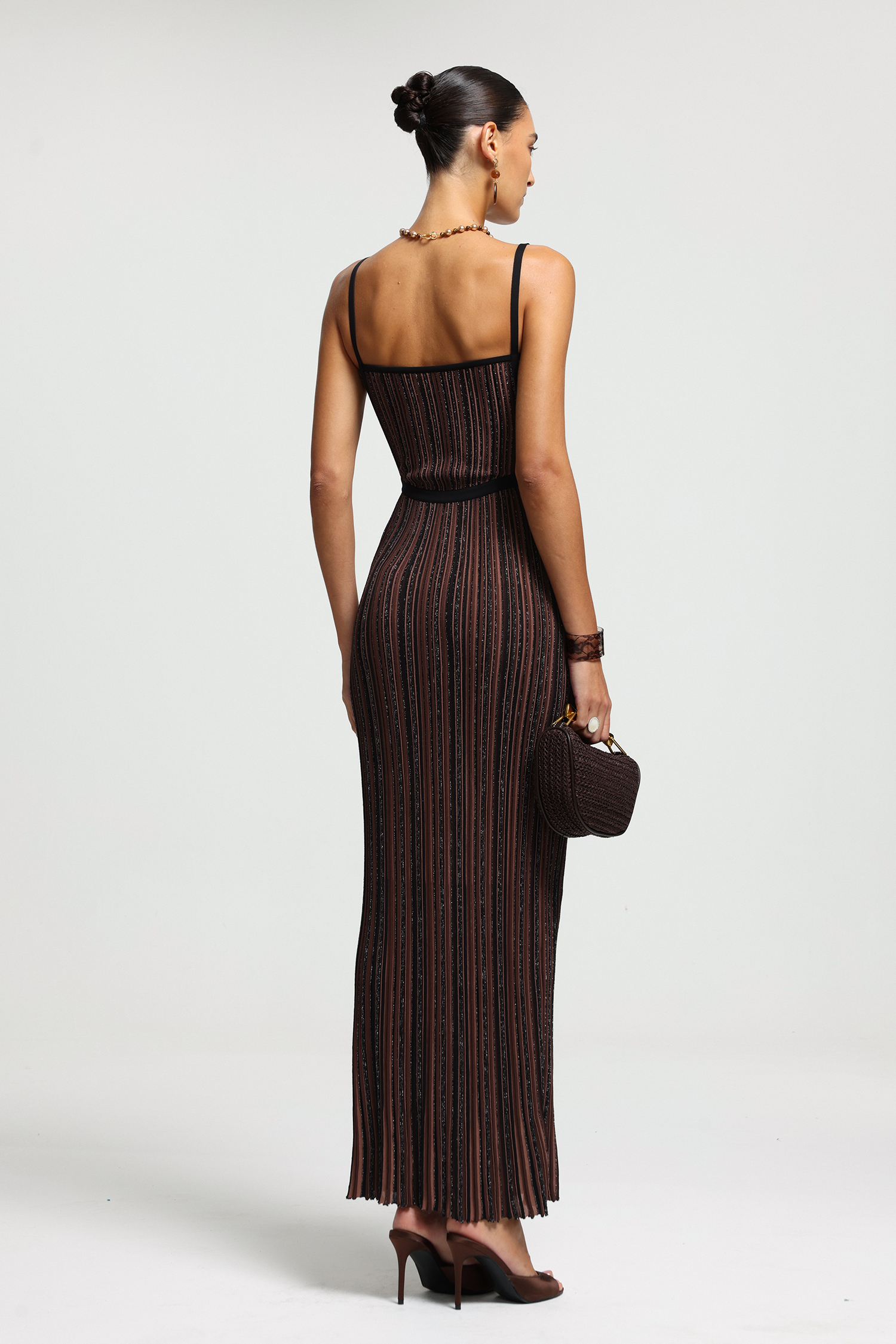 Metallic Stripe Pleated Knit Maxi Dress