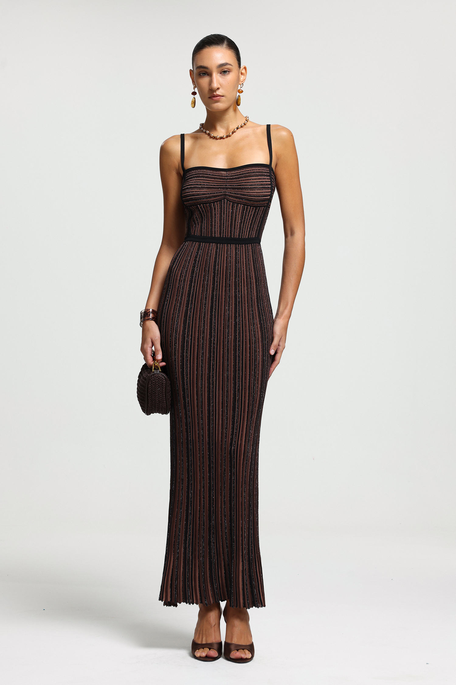 Metallic Stripe Pleated Knit Maxi Dress