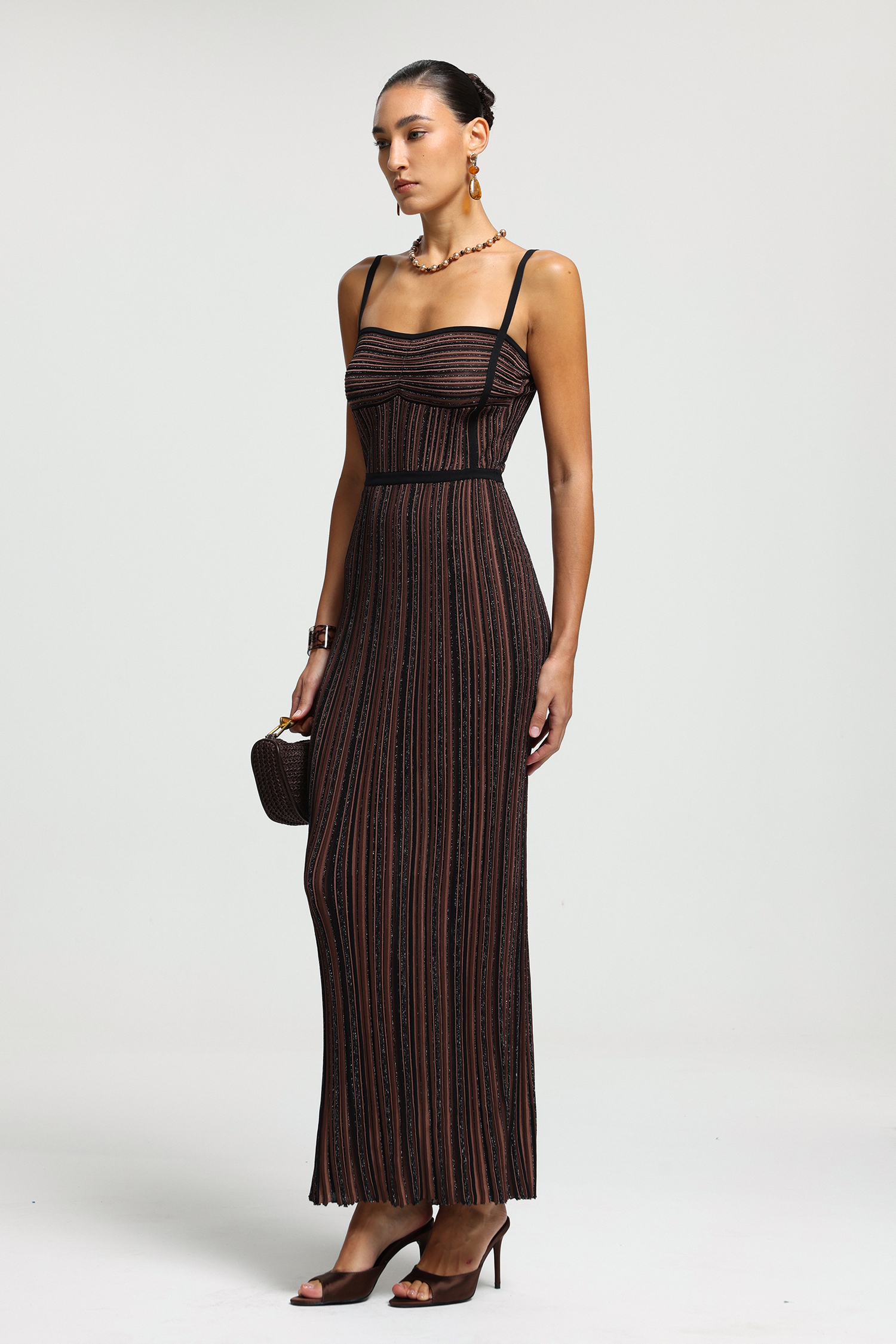Metallic Stripe Pleated Knit Maxi Dress