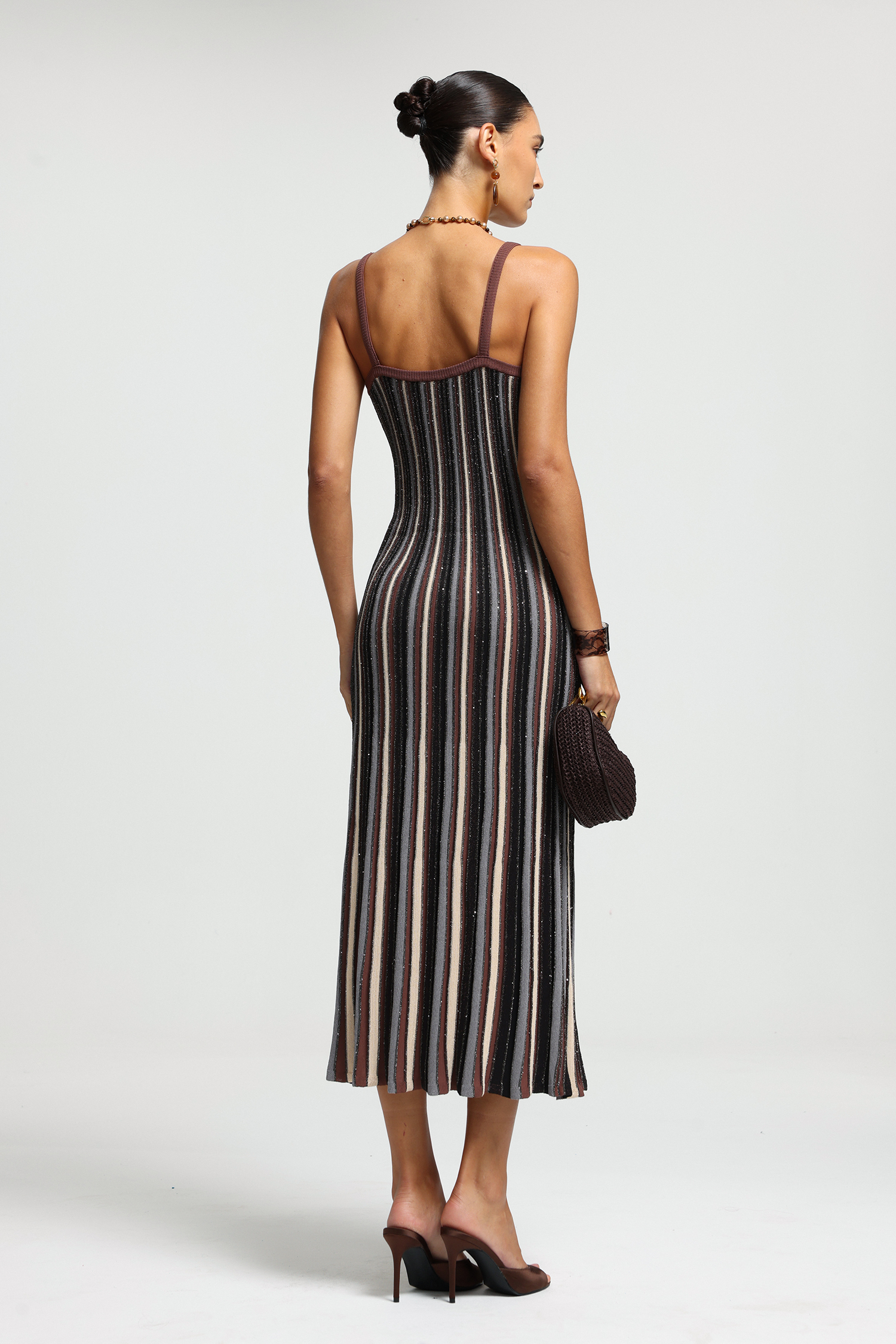 V-Neck Metallic Stripe Midi Dress
