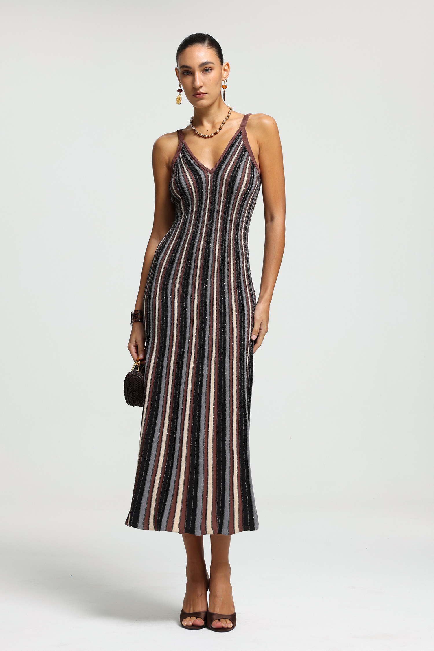 V-Neck Metallic Stripe Midi Dress