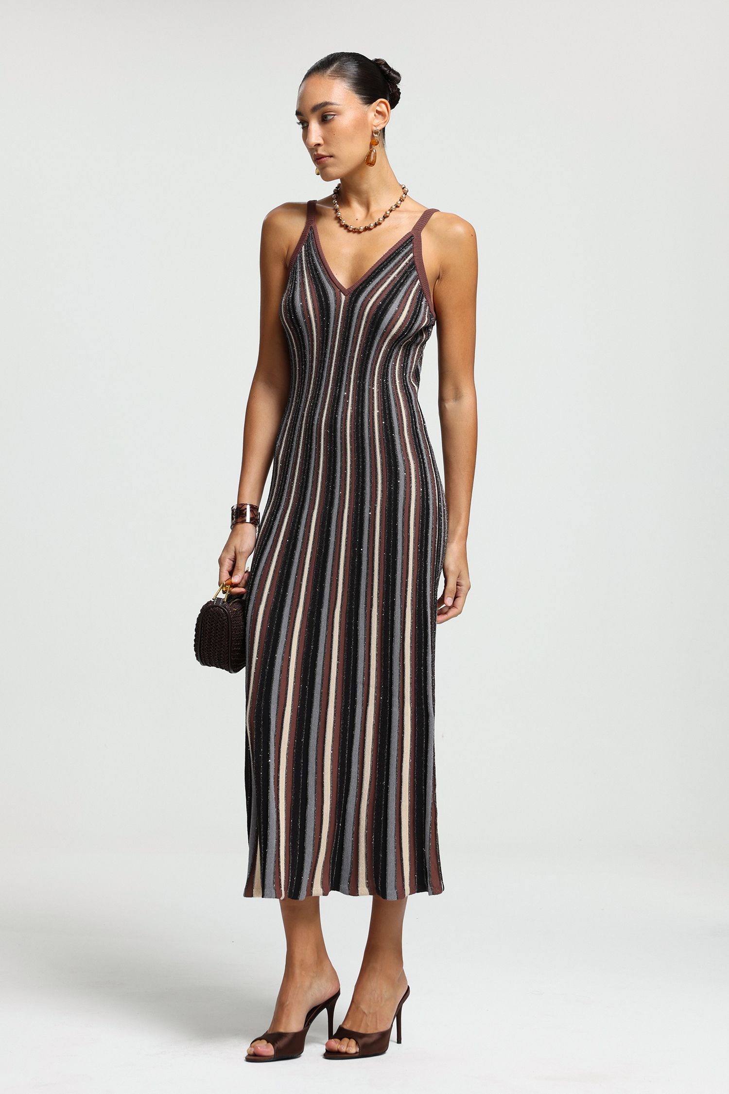 V-Neck Metallic Stripe Midi Dress