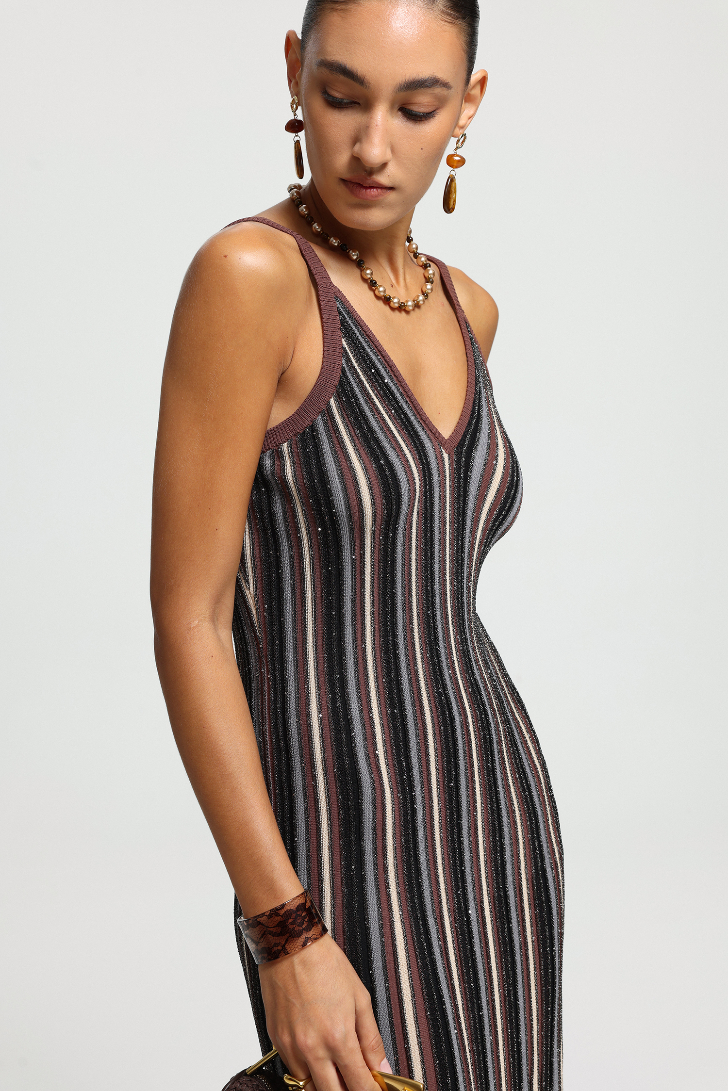 V-Neck Metallic Stripe Midi Dress