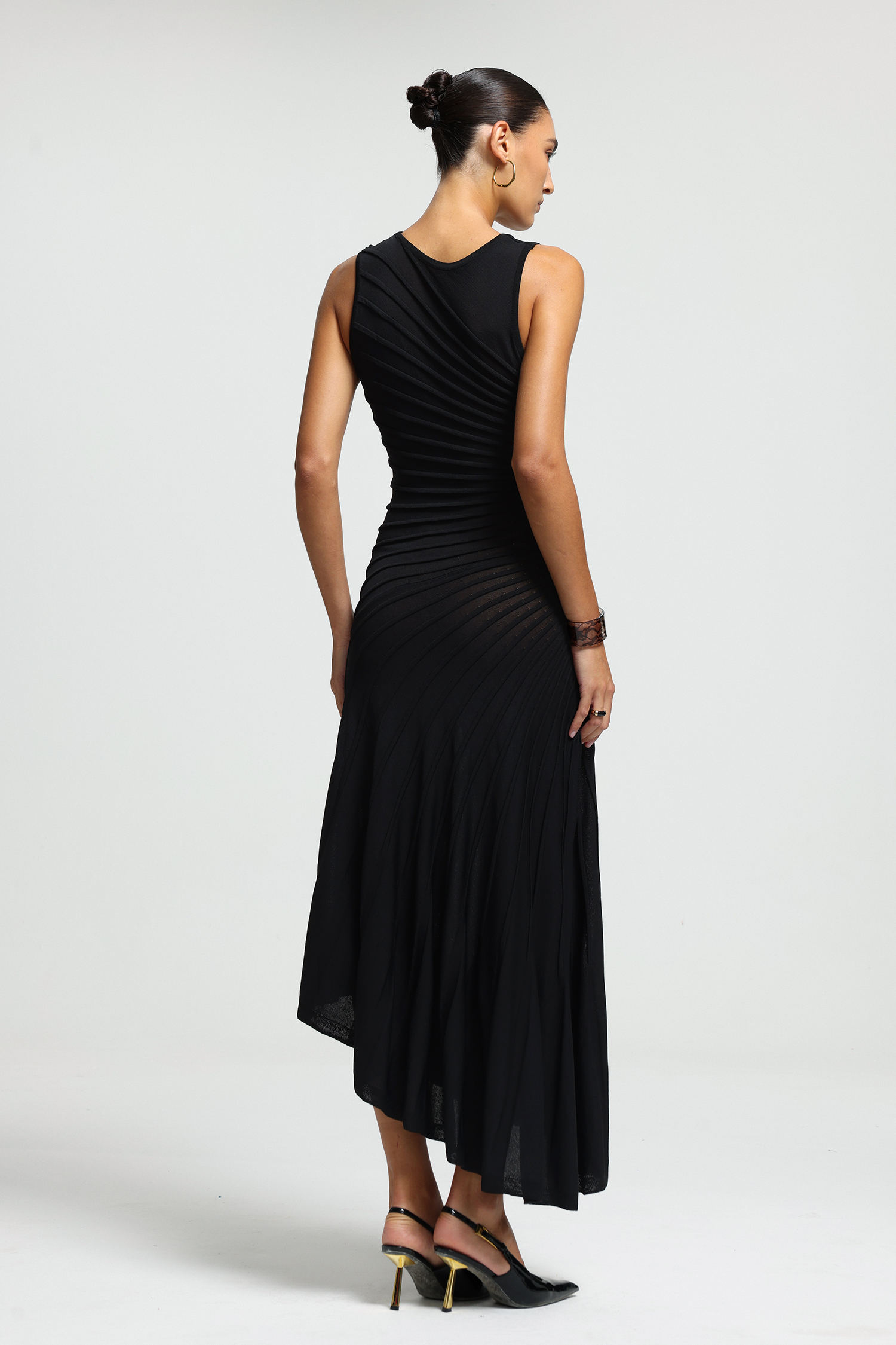 Sleeveless Diagonal Ruched Asymmetric Midi Dress