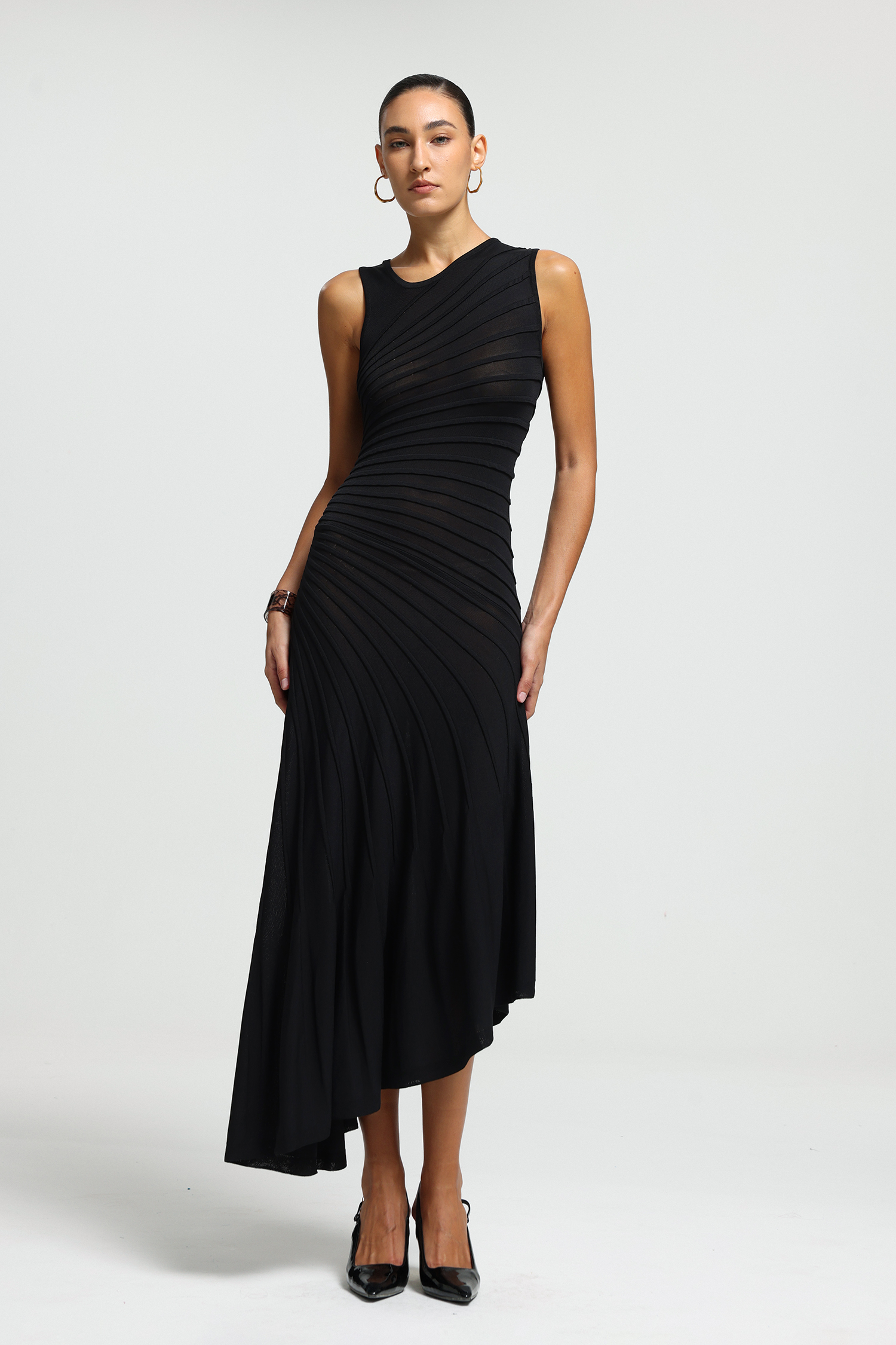 Sleeveless Diagonal Ruched Asymmetric Midi Dress