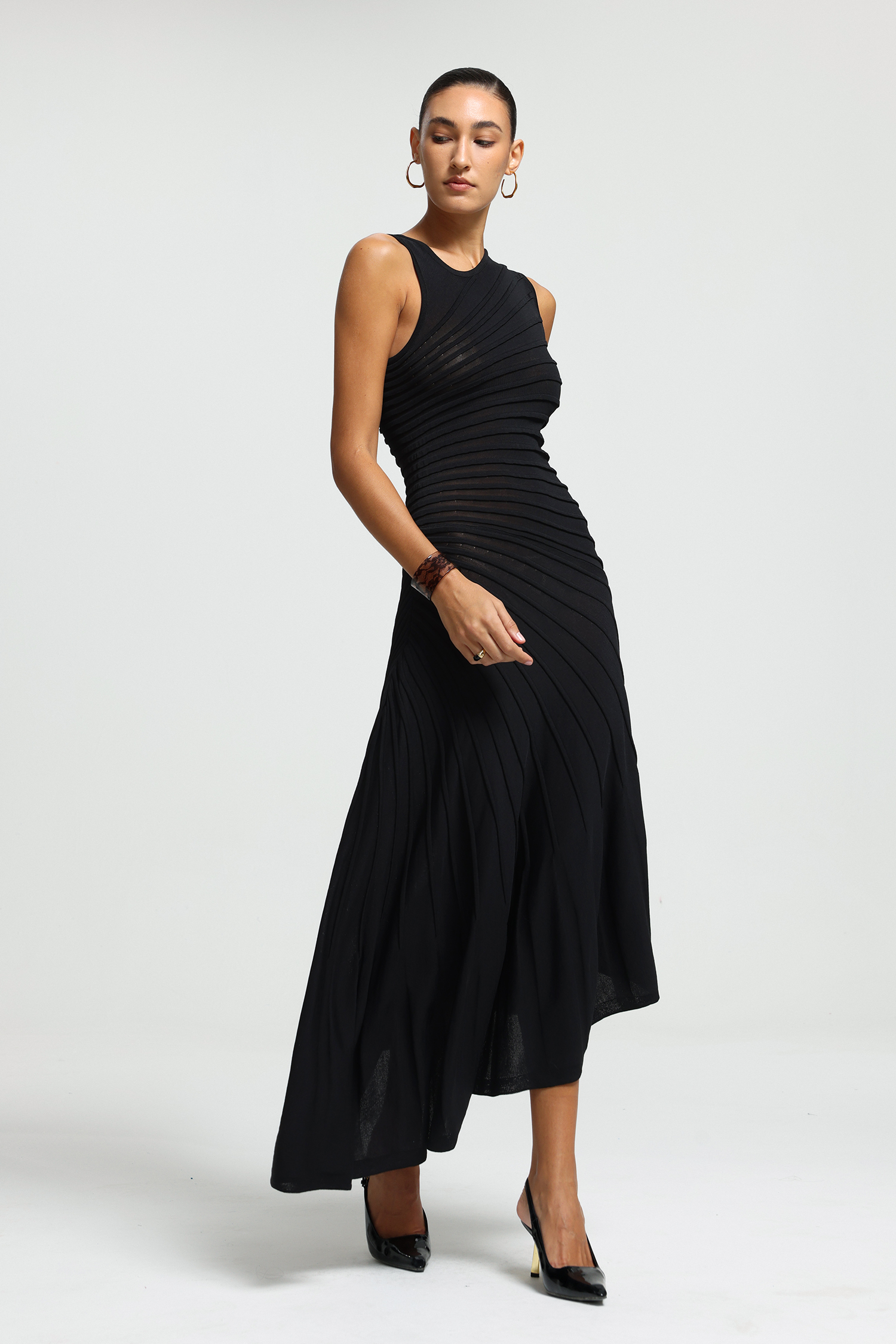 Sleeveless Diagonal Ruched Asymmetric Midi Dress