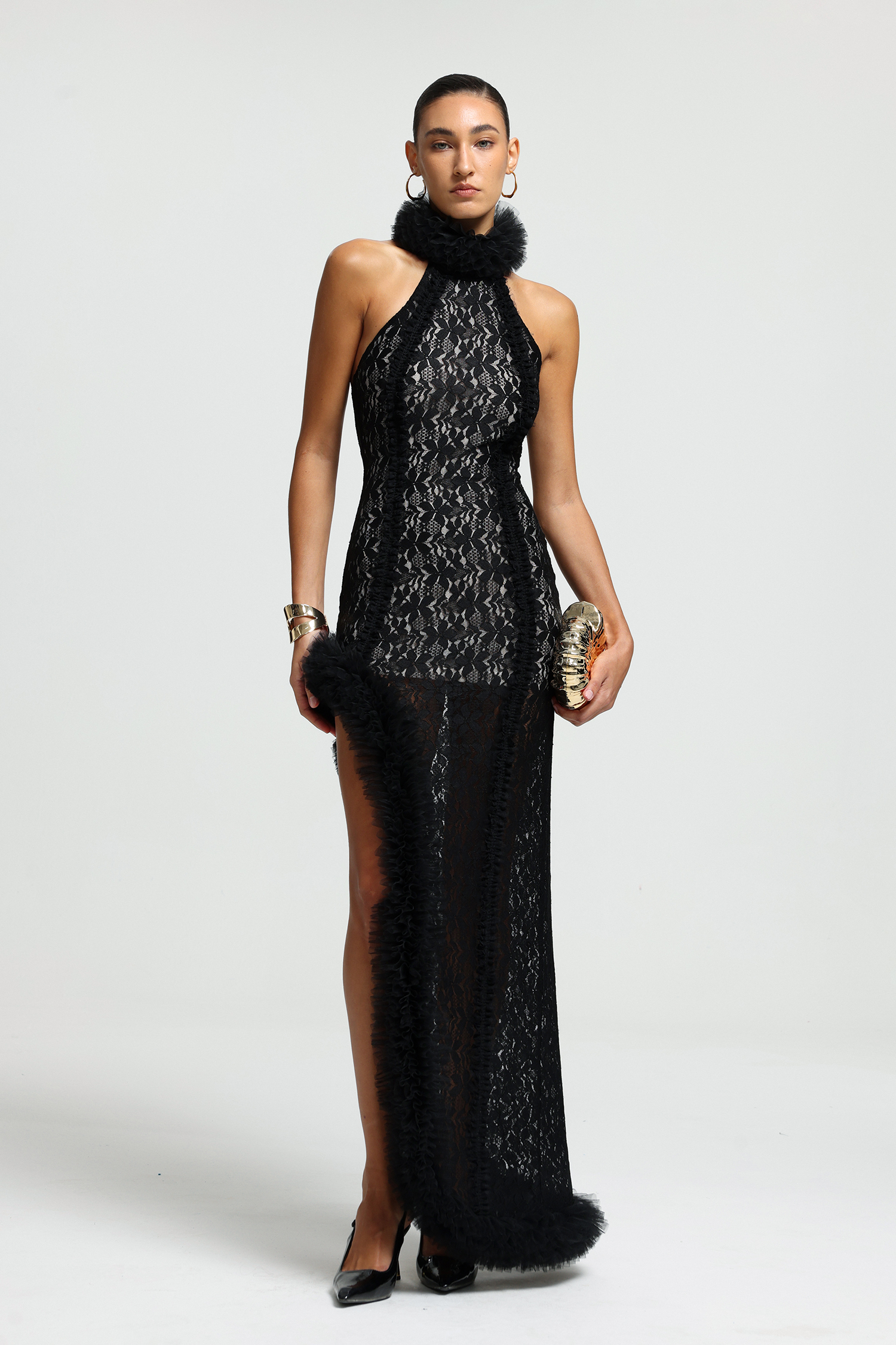 Halter Lace Asymmetric Hem Maxi Dress