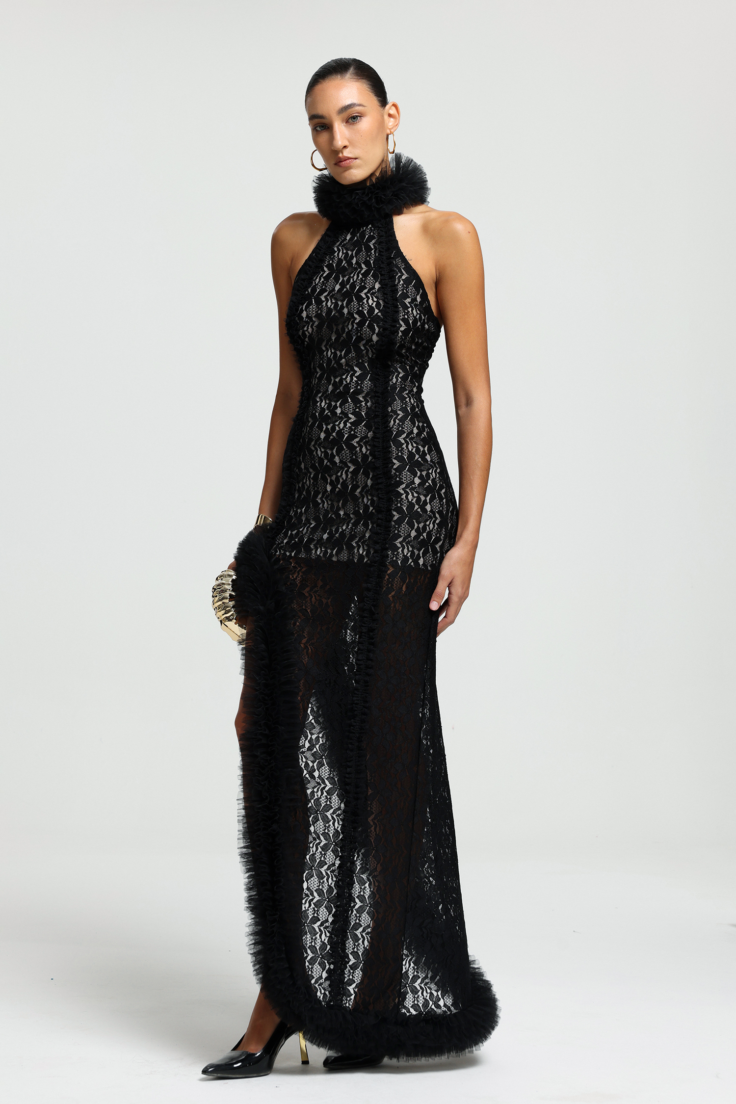 Halter Lace Asymmetric Hem Maxi Dress