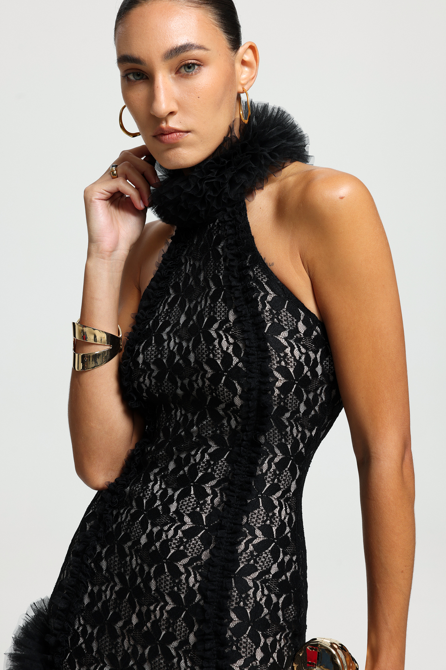 Halter Lace Asymmetric Hem Maxi Dress