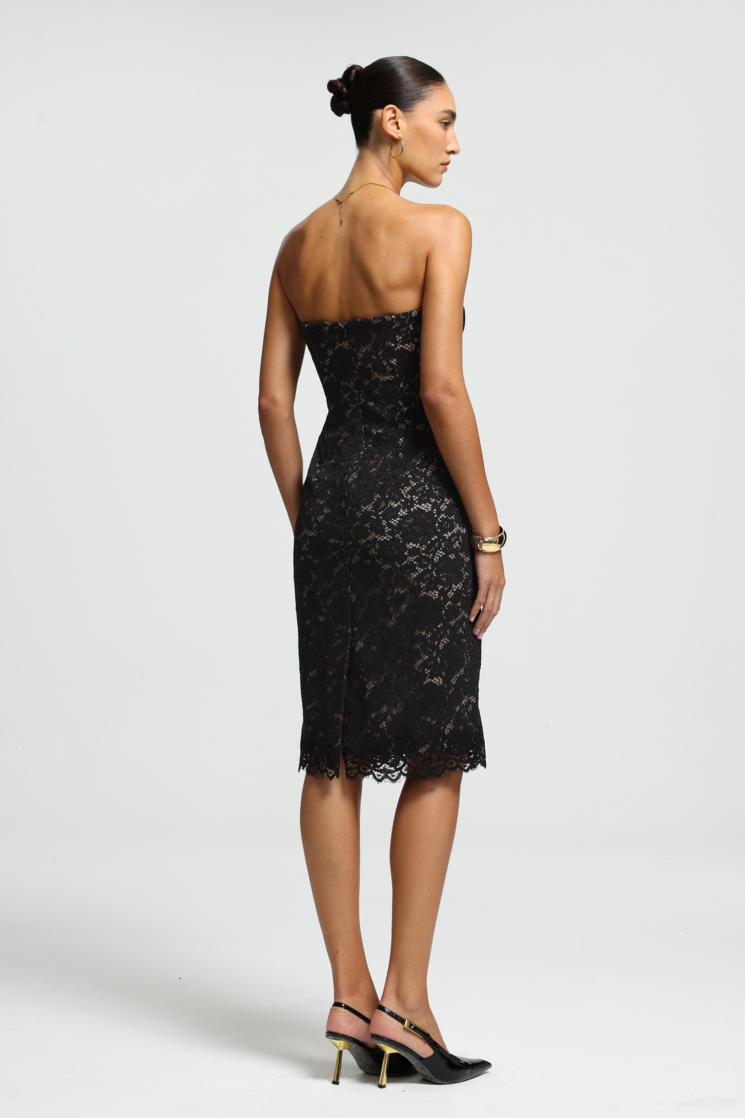 Black Floral Lace Strapless Midi Dress
