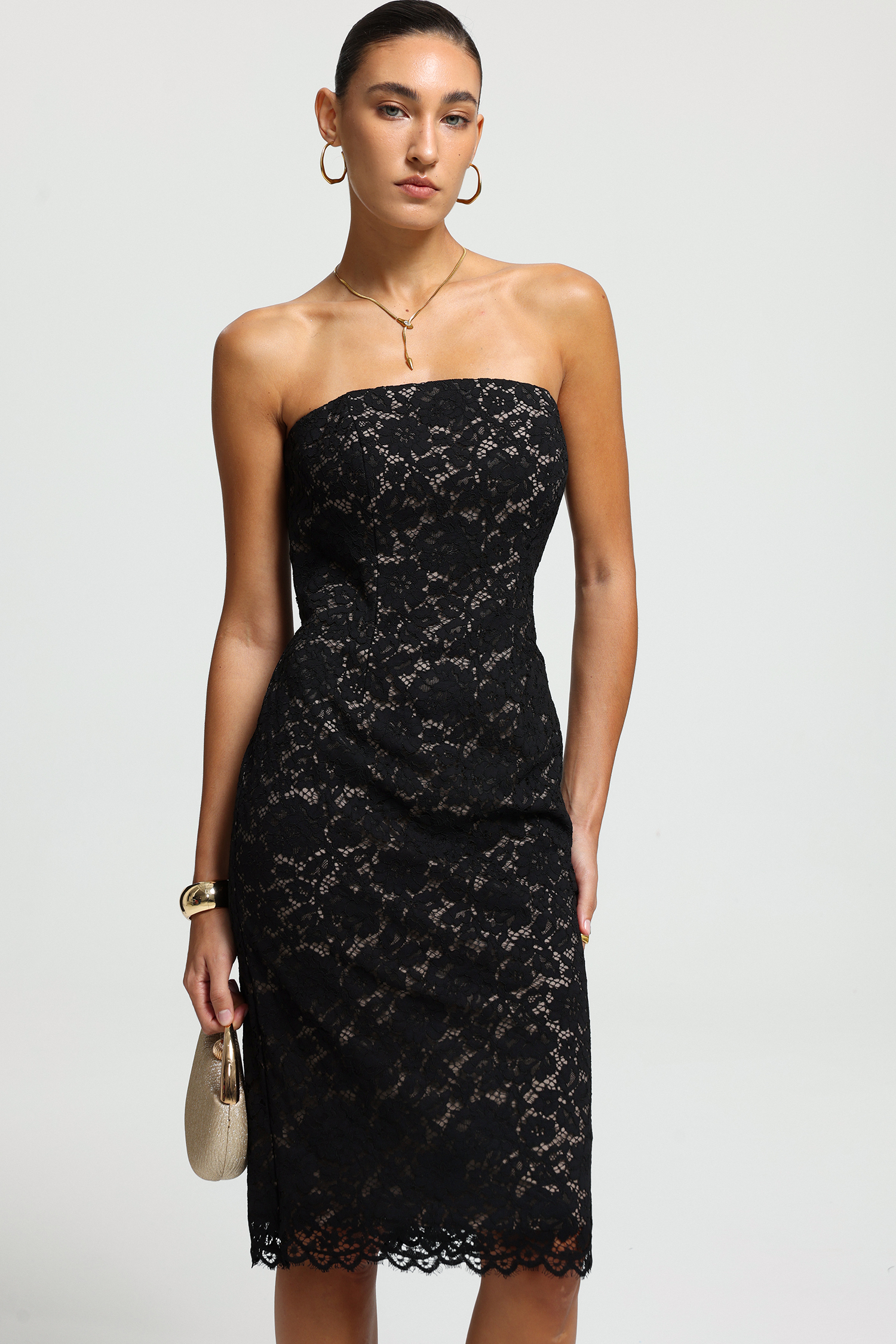 Black Floral Lace Strapless Midi Dress