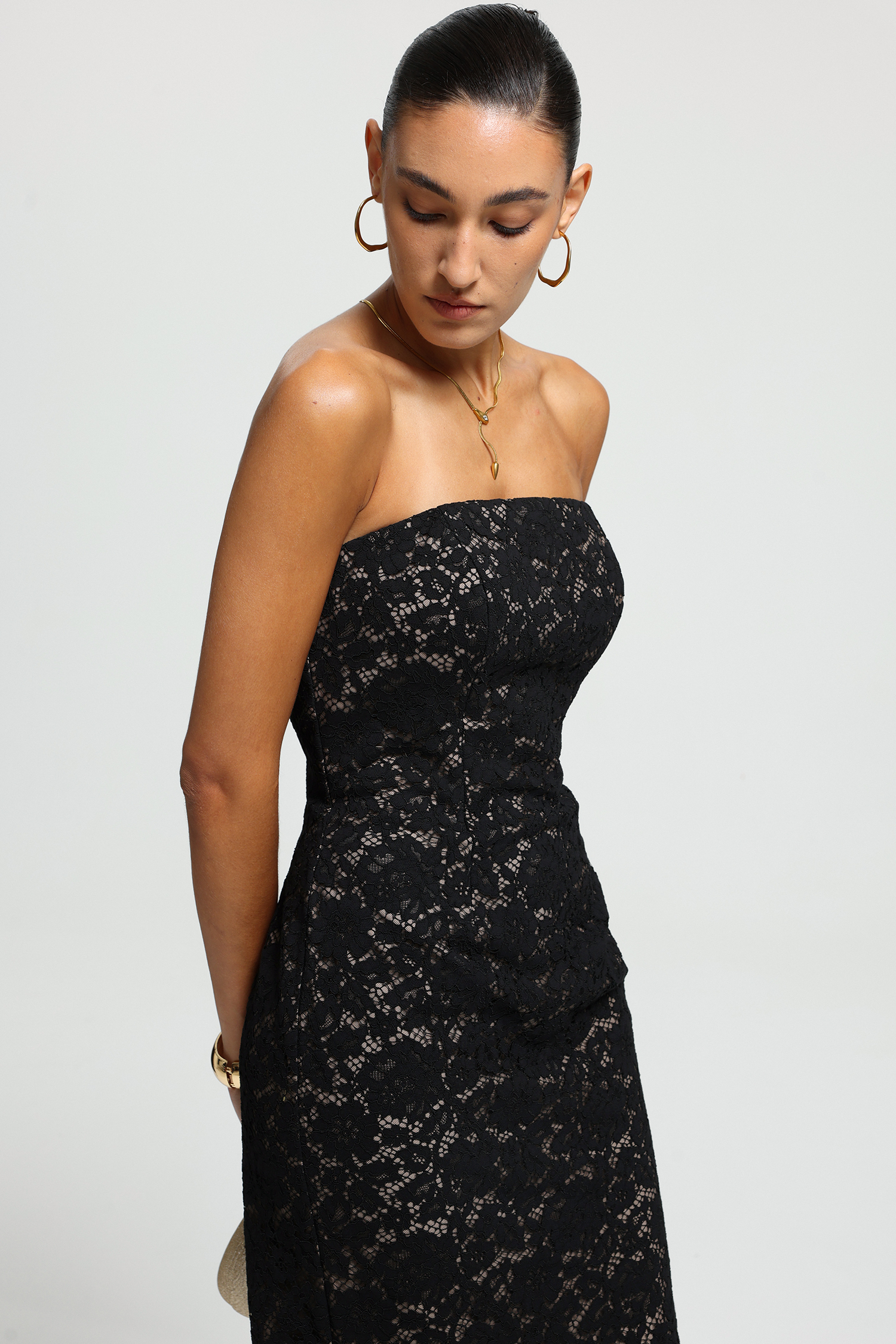 Black Floral Lace Strapless Midi Dress