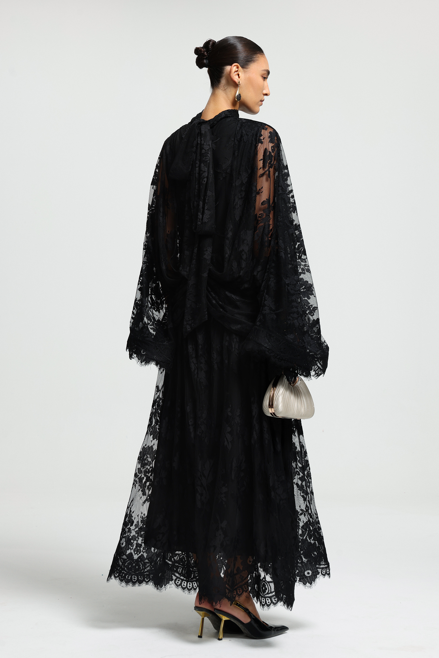 High Neck Draped Lace Maxi Dress
