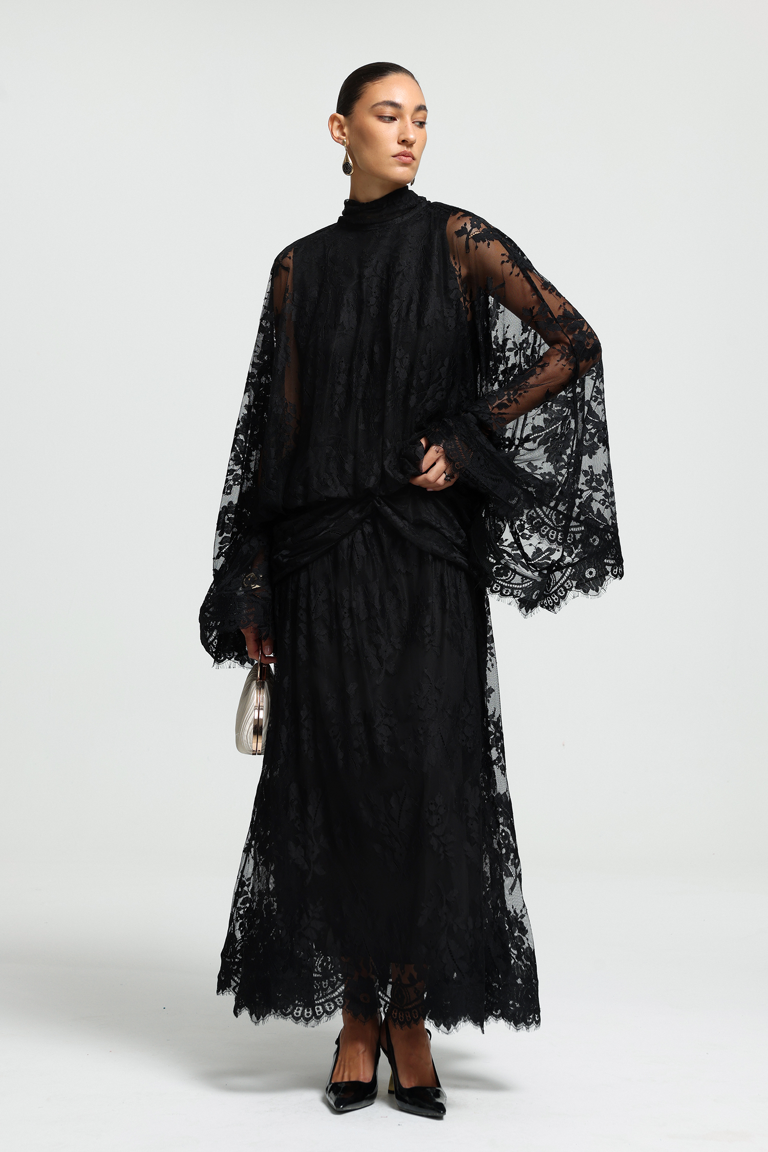 High Neck Draped Lace Maxi Dress