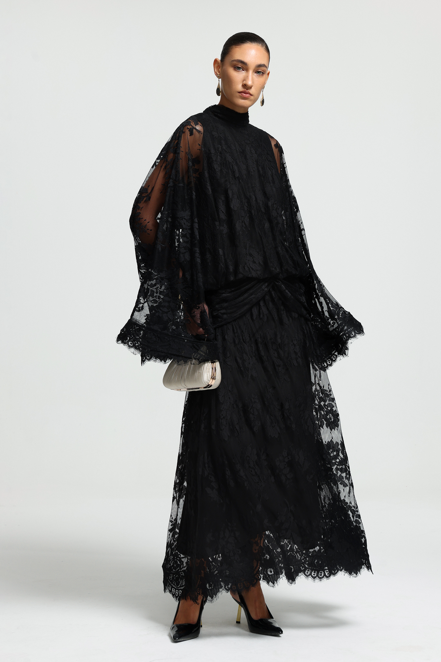 High Neck Draped Lace Maxi Dress