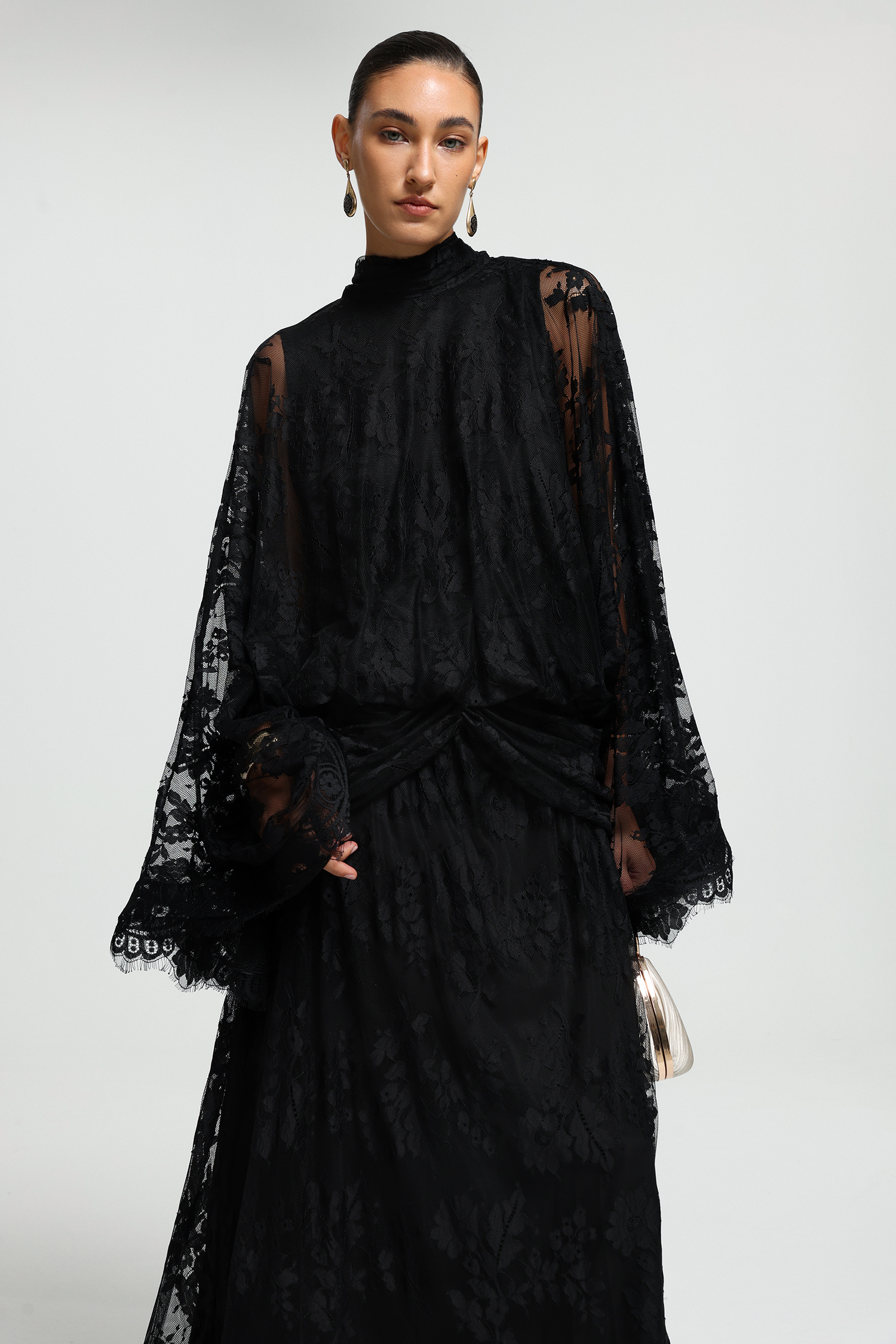 High Neck Draped Lace Maxi Dress