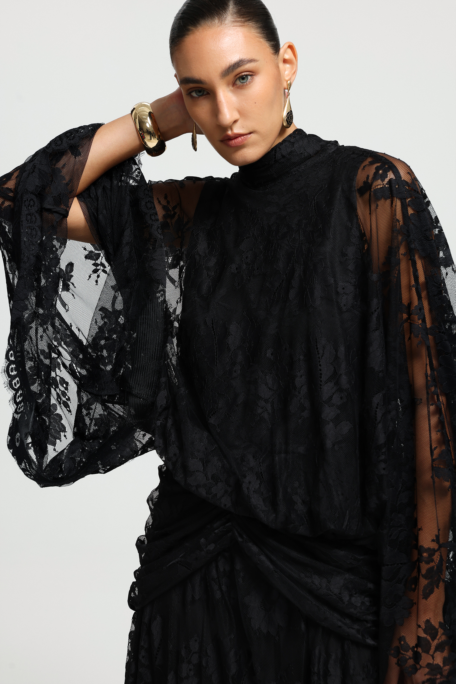 High Neck Draped Lace Maxi Dress