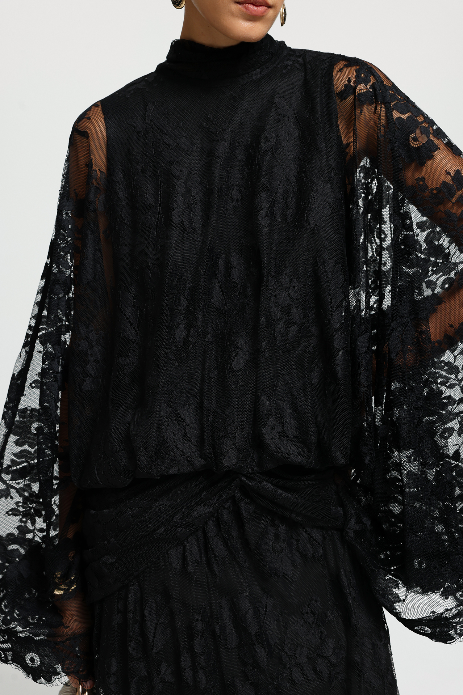 High Neck Draped Lace Maxi Dress