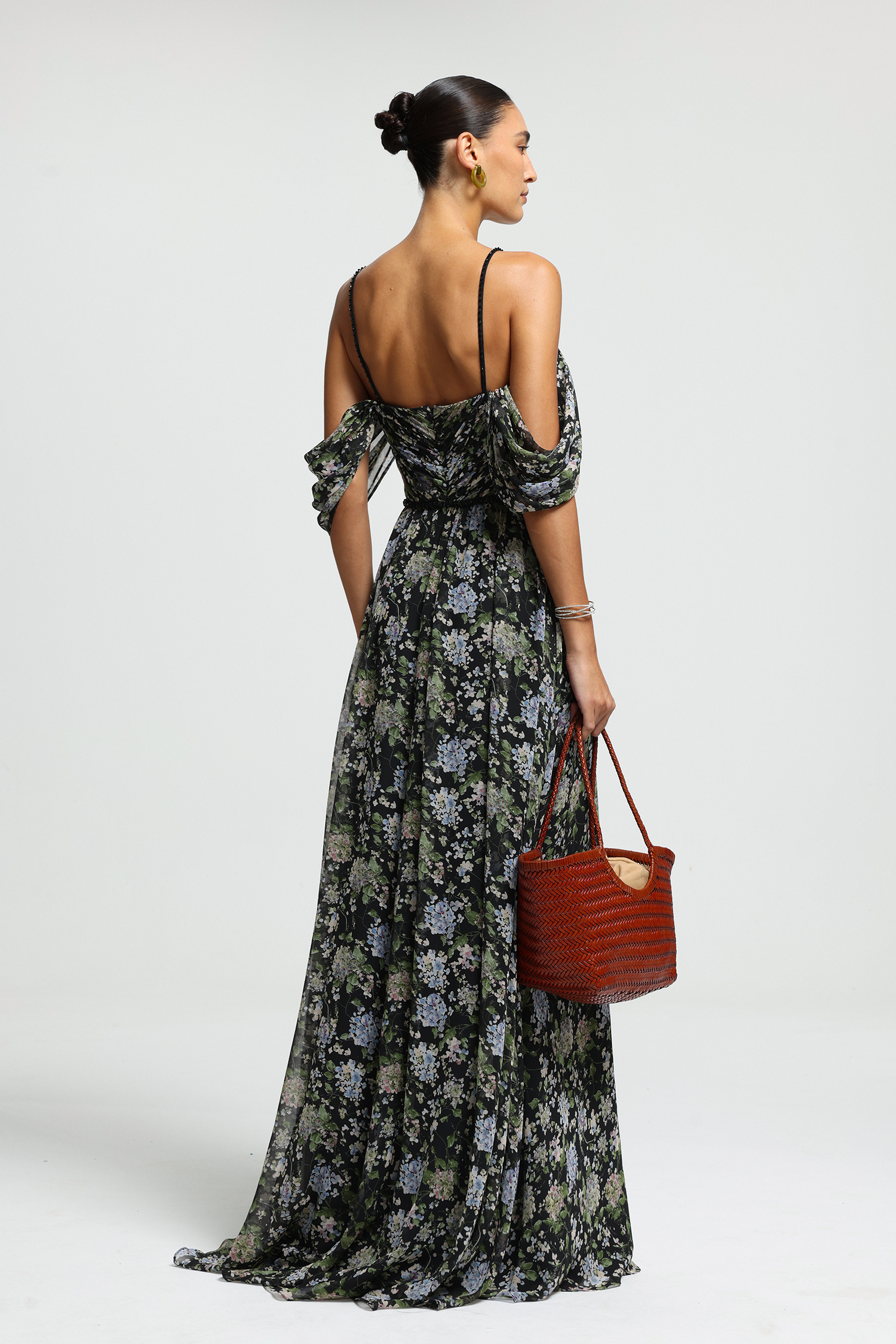 Sweetheart Floral Draped-Sleeve Maxi Dress
