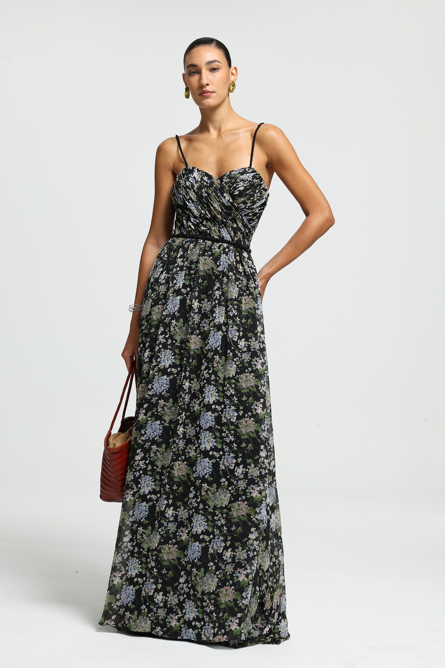 Sweetheart Floral Draped-Sleeve Maxi Dress
