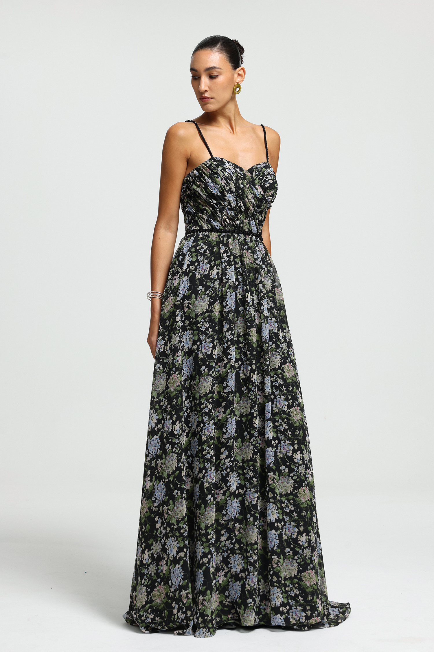 Sweetheart Floral Draped-Sleeve Maxi Dress