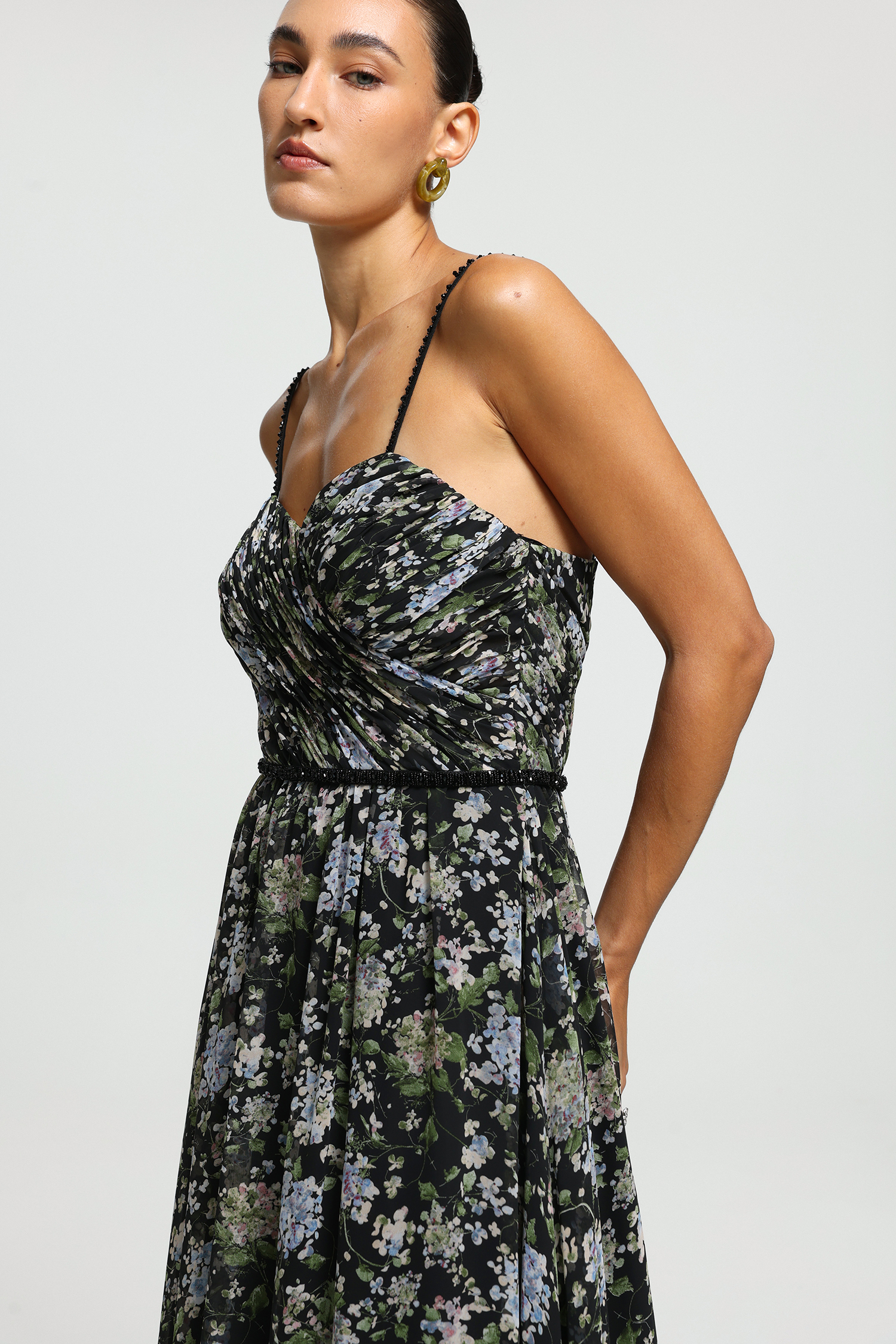 Sweetheart Floral Draped-Sleeve Maxi Dress