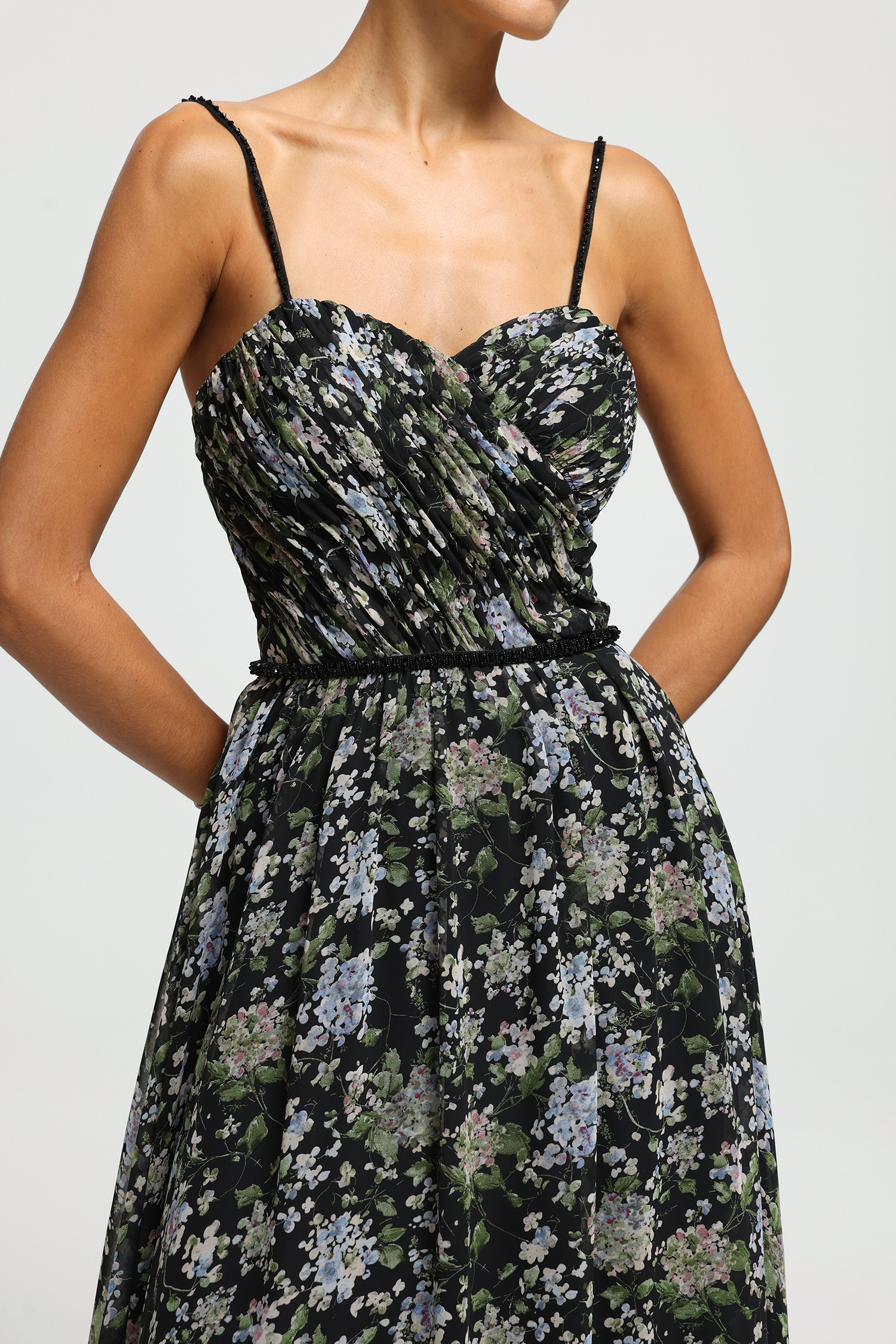 Sweetheart Floral Draped-Sleeve Maxi Dress