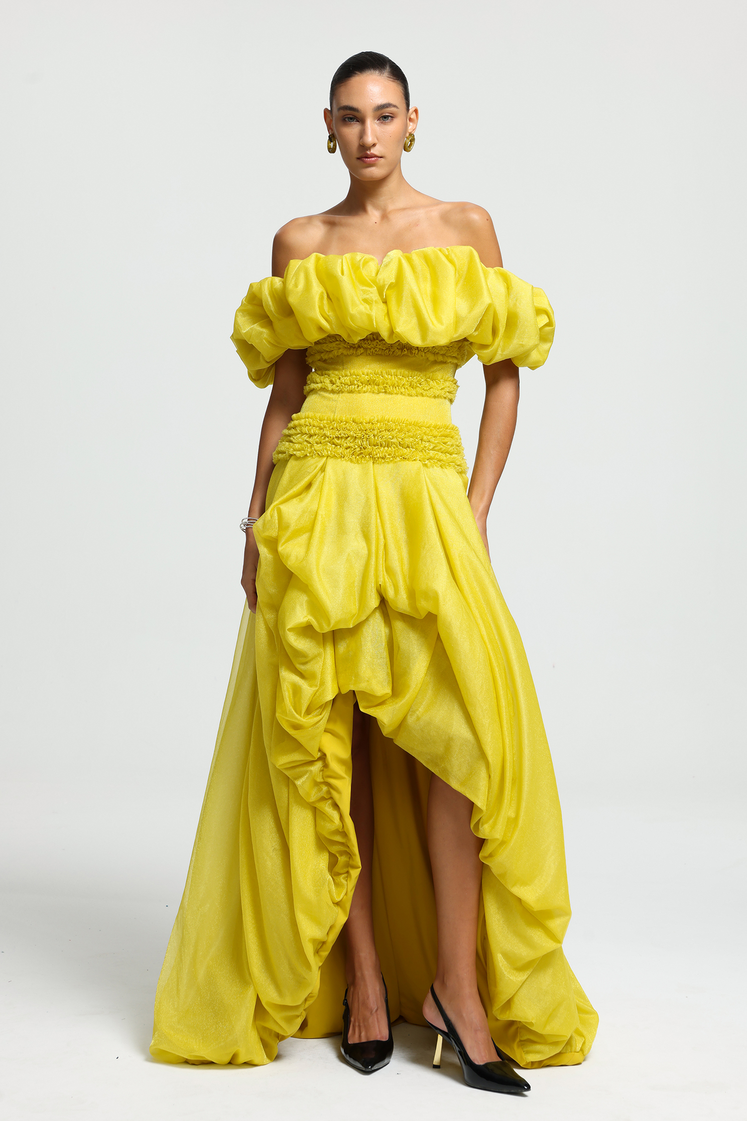 Off-Shoulder Ruched Drape Maxi Dress