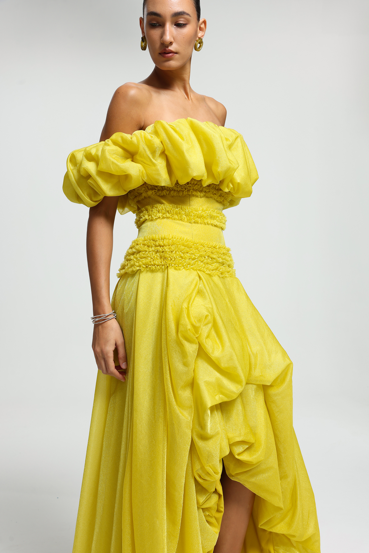 Off-Shoulder Ruched Drape Maxi Dress