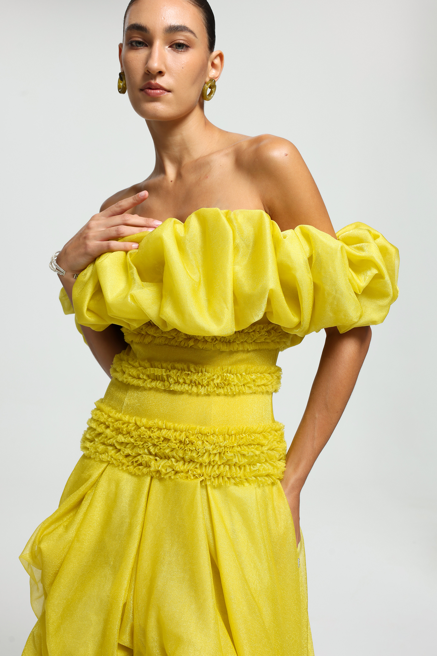 Off-Shoulder Ruched Drape Maxi Dress
