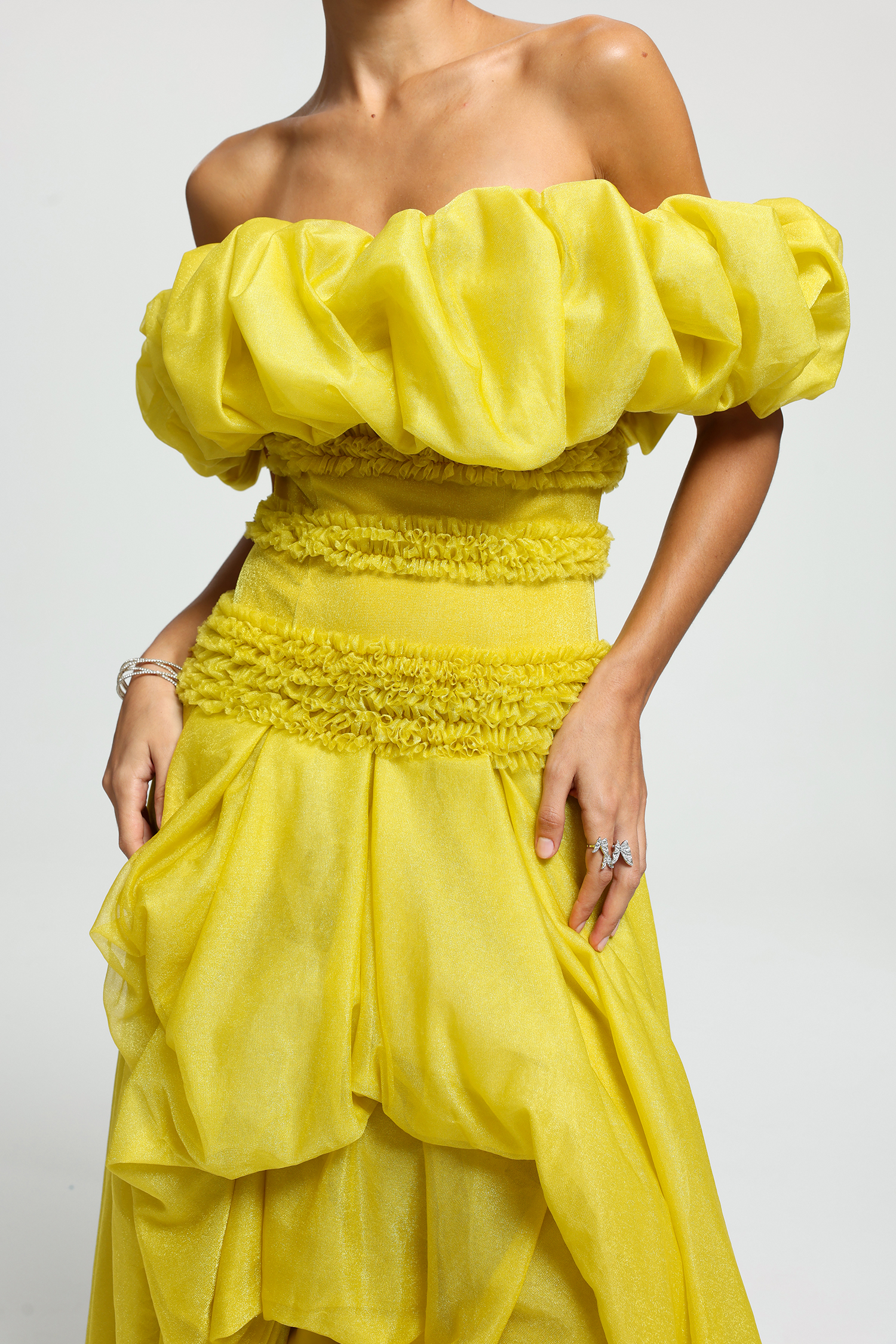 Off-Shoulder Ruched Drape Maxi Dress