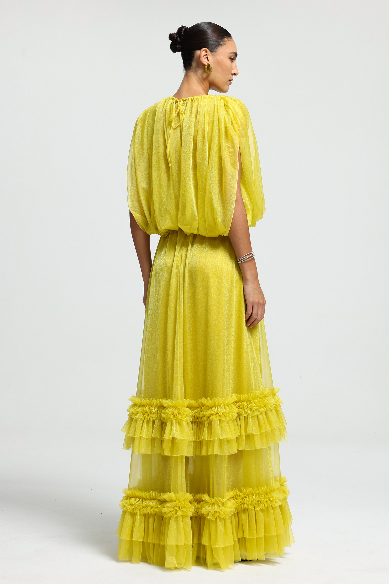 Gathered Cape Tiered Ruffle Maxi Dress