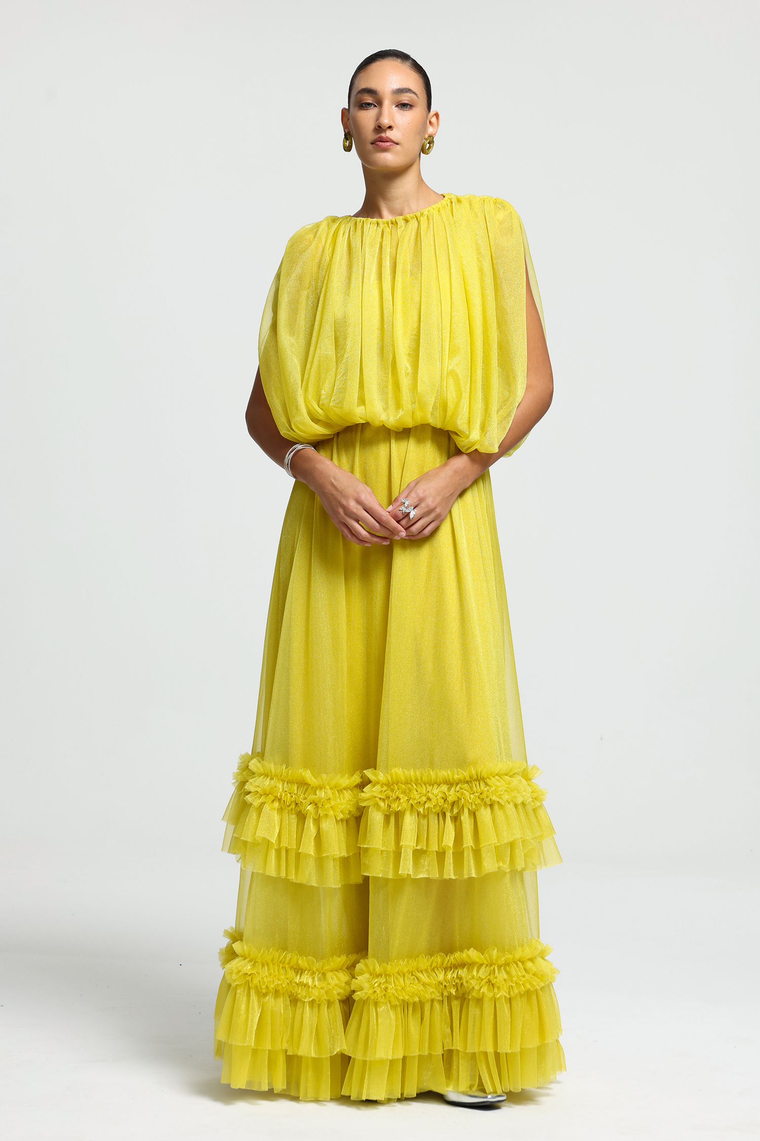 Gathered Cape Tiered Ruffle Maxi Dress