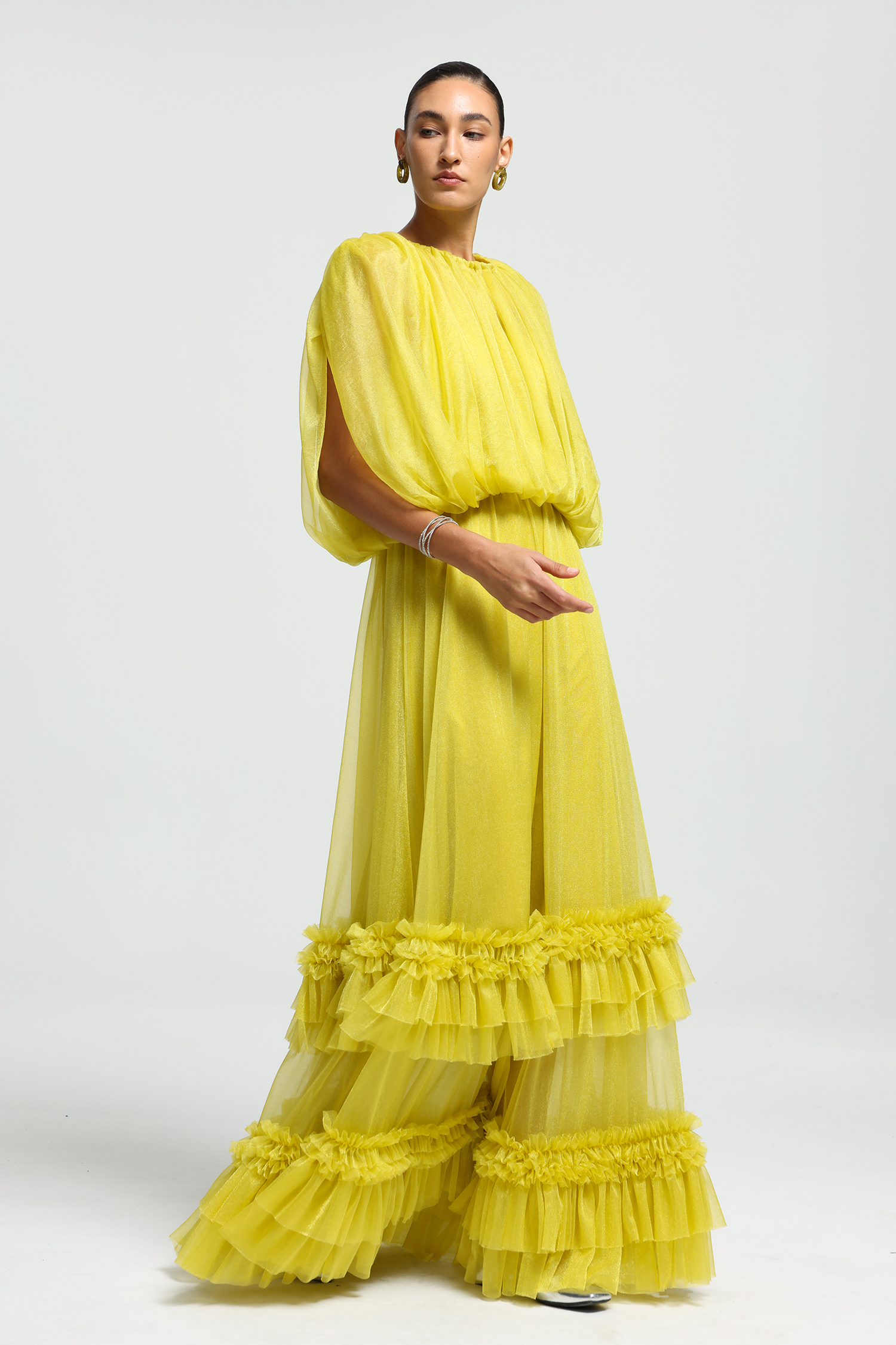 Gathered Cape Tiered Ruffle Maxi Dress