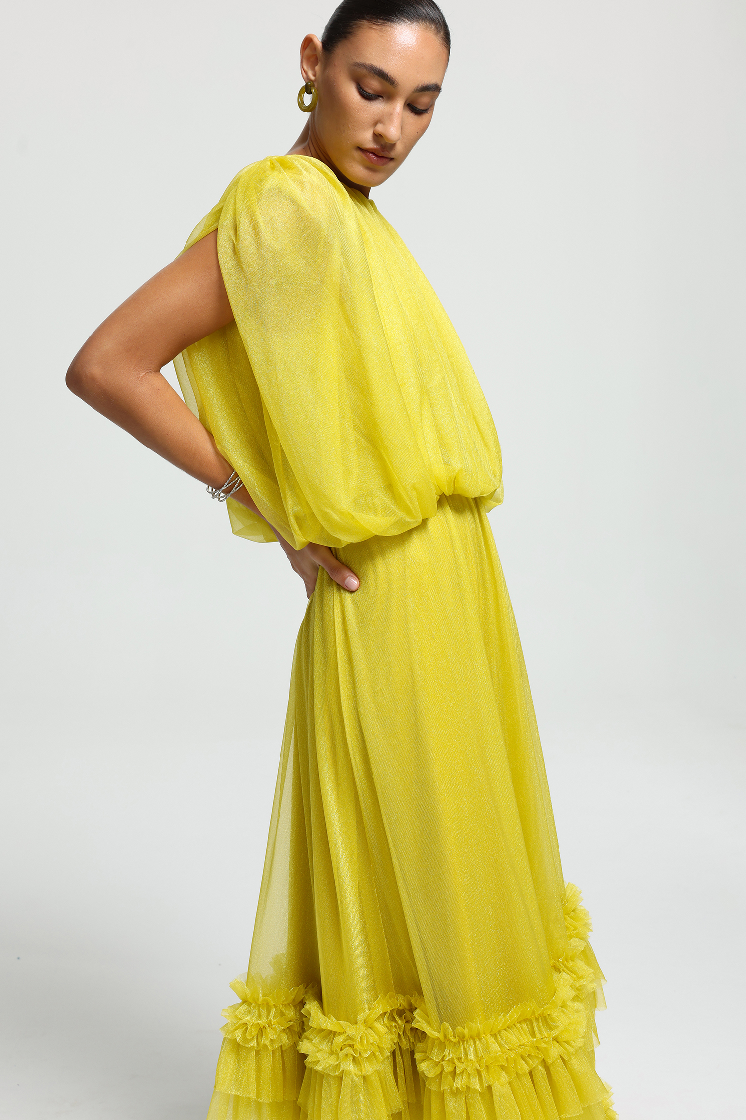 Gathered Cape Tiered Ruffle Maxi Dress