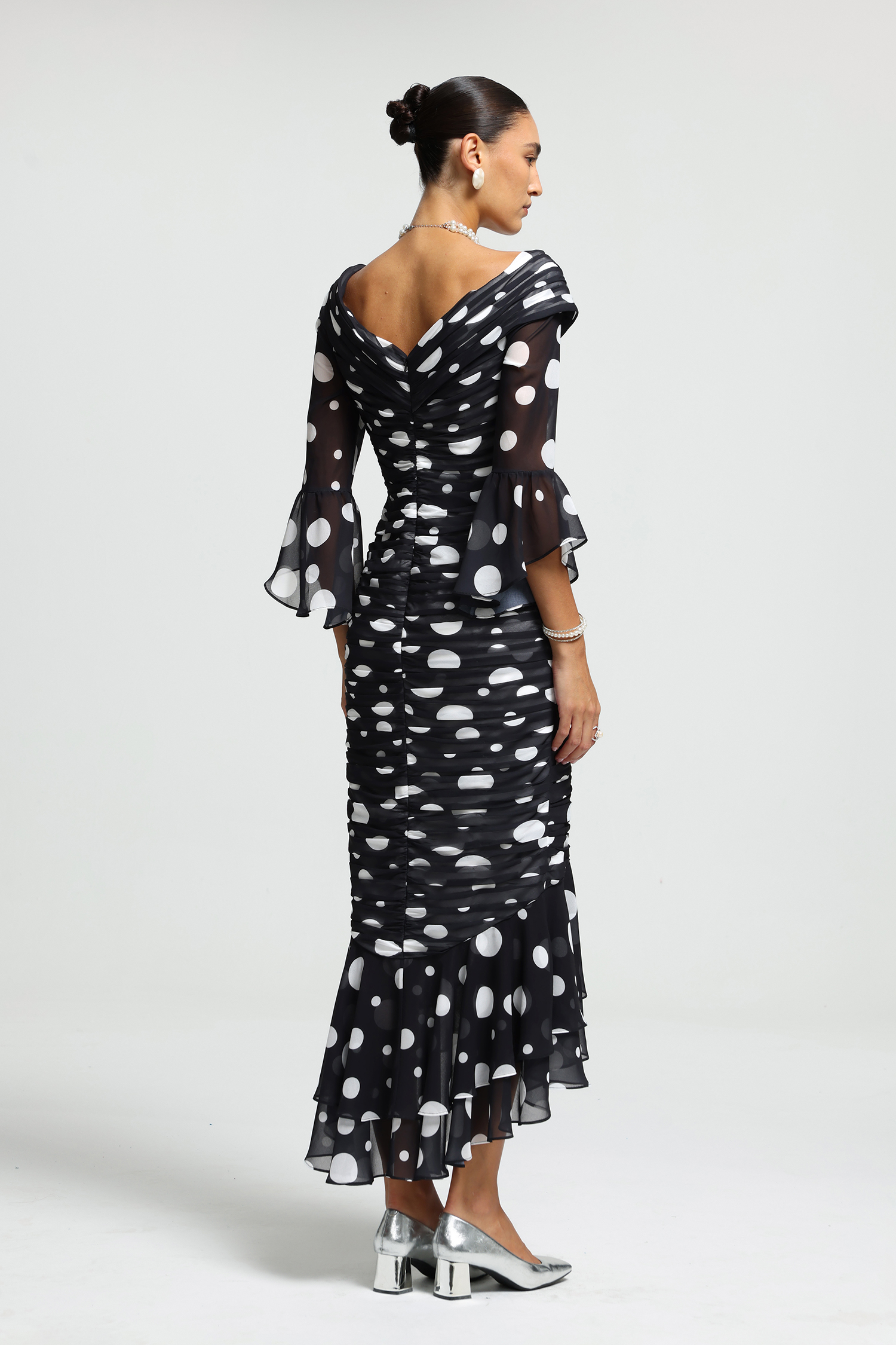 Draped V-Neck Ruched Polka Dot Midi Dress