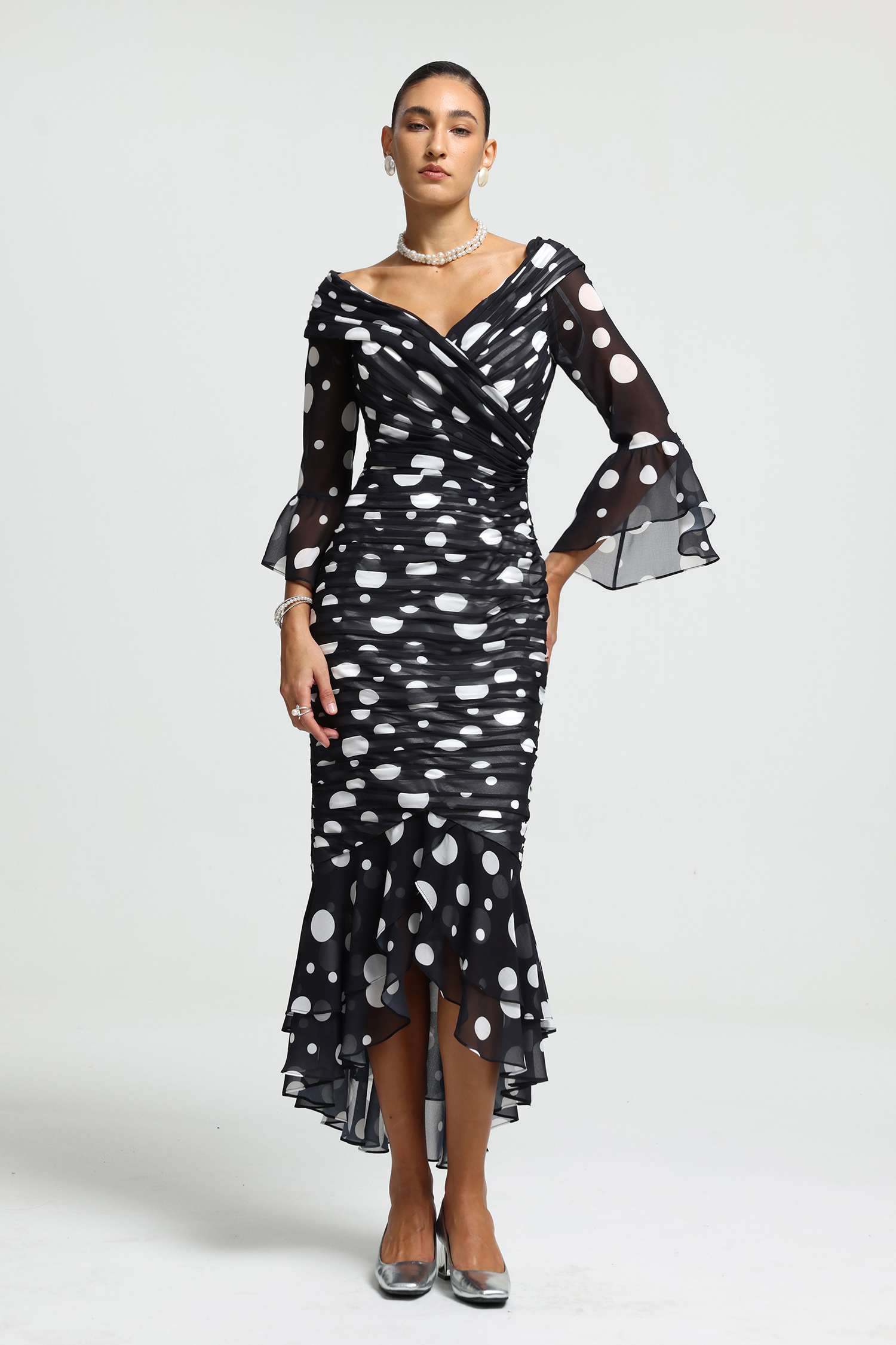 Draped V-Neck Ruched Polka Dot Midi Dress