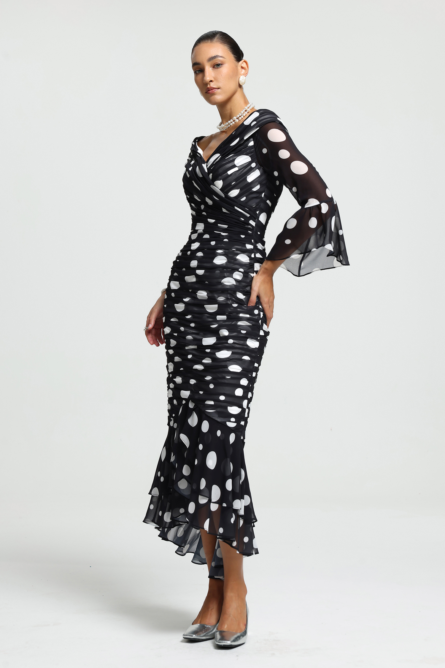 Draped V-Neck Ruched Polka Dot Midi Dress