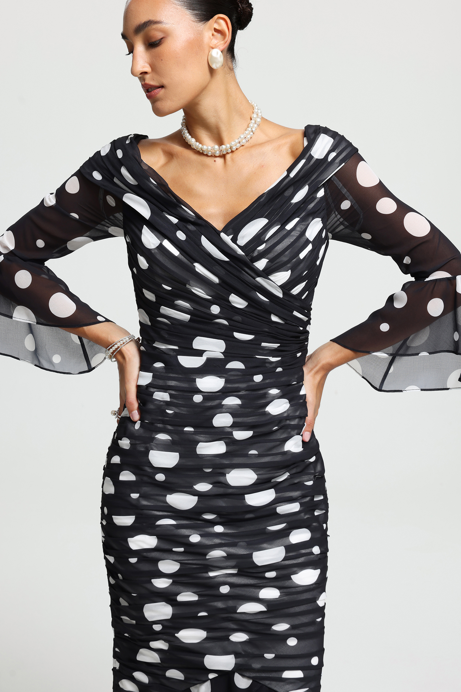 Draped V-Neck Ruched Polka Dot Midi Dress
