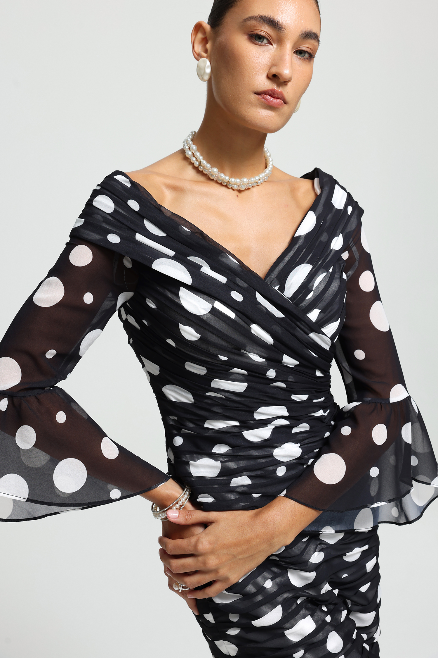 Draped V-Neck Ruched Polka Dot Midi Dress