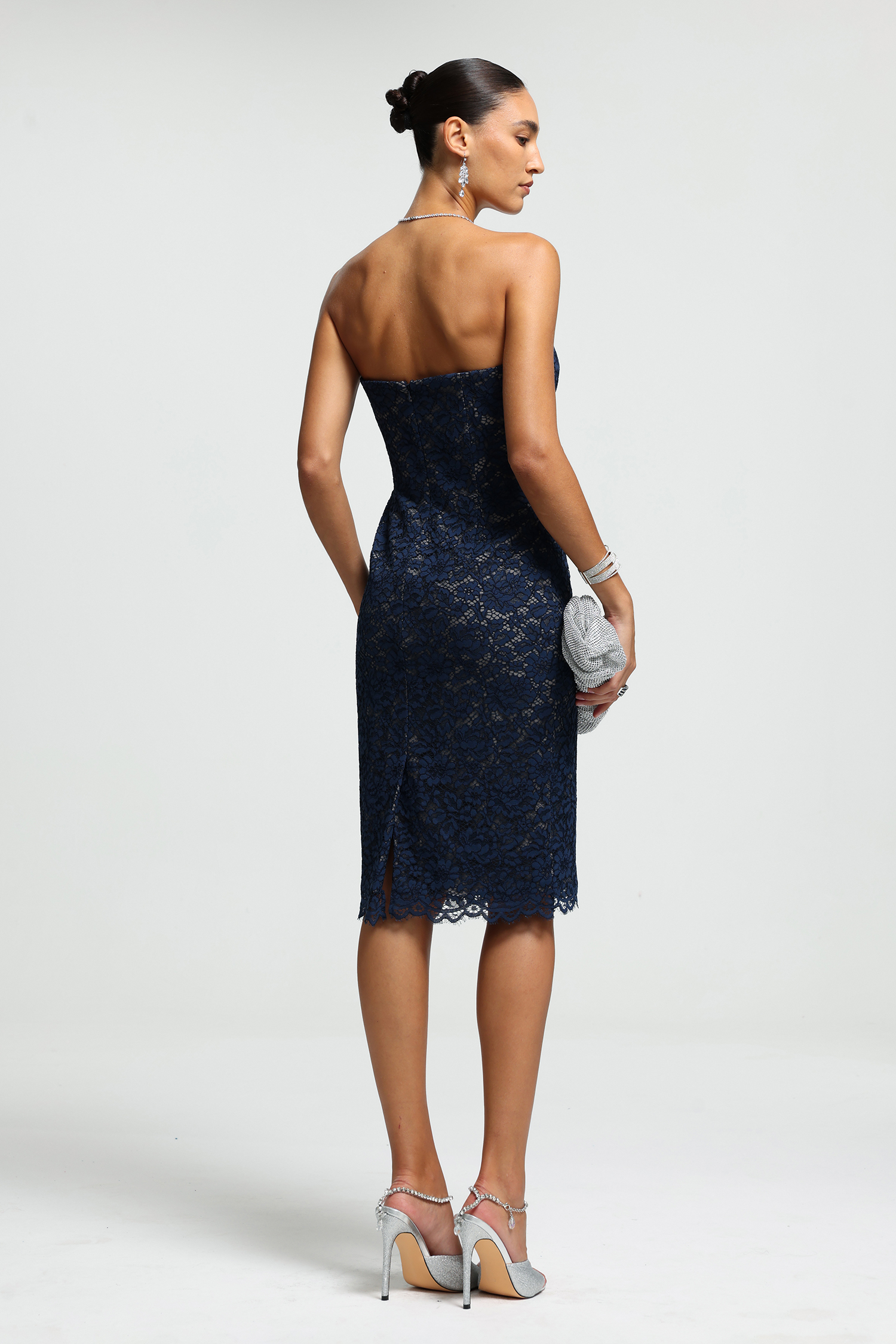 Blue Floral Lace Strapless Midi Dress