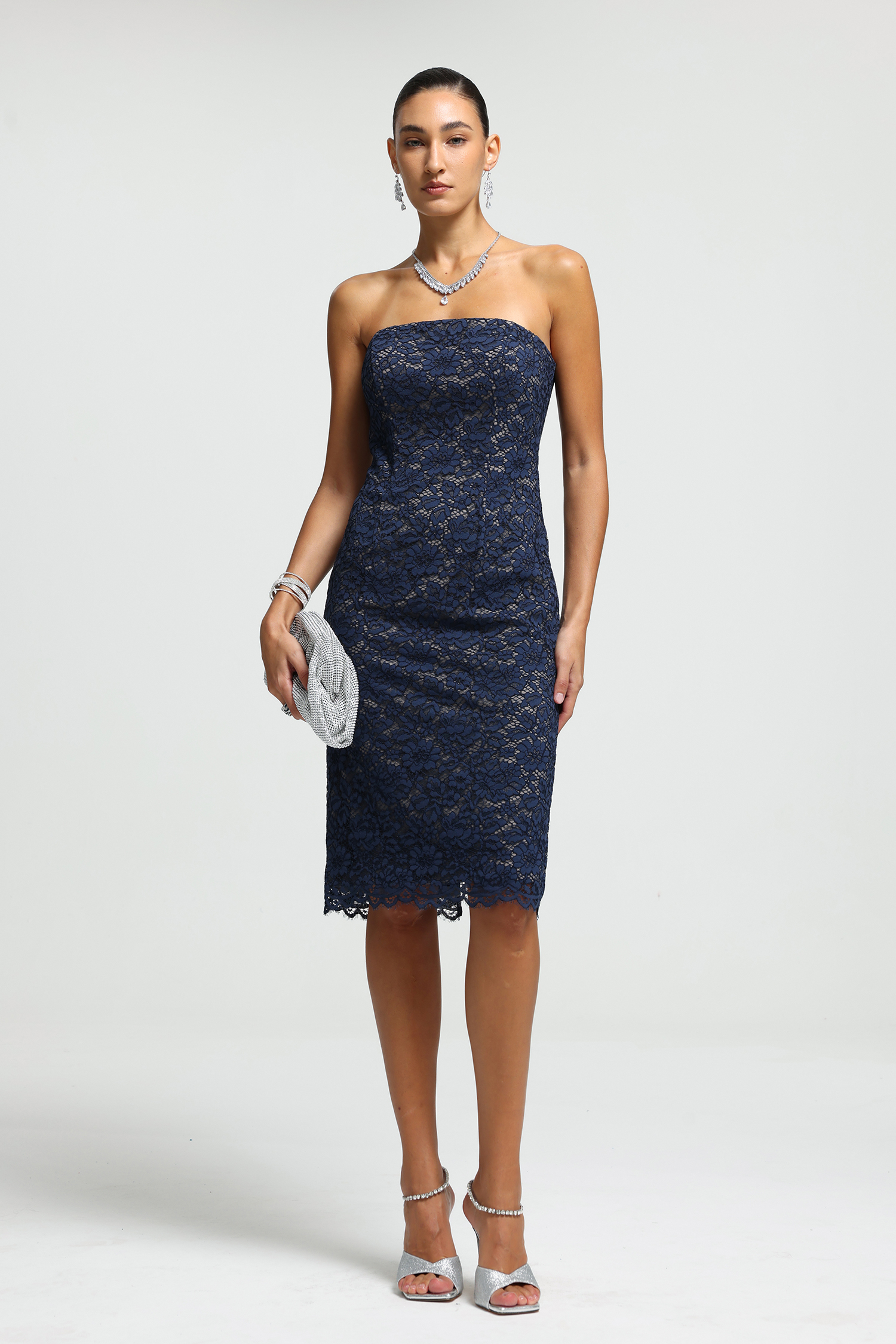 Blue Floral Lace Strapless Midi Dress