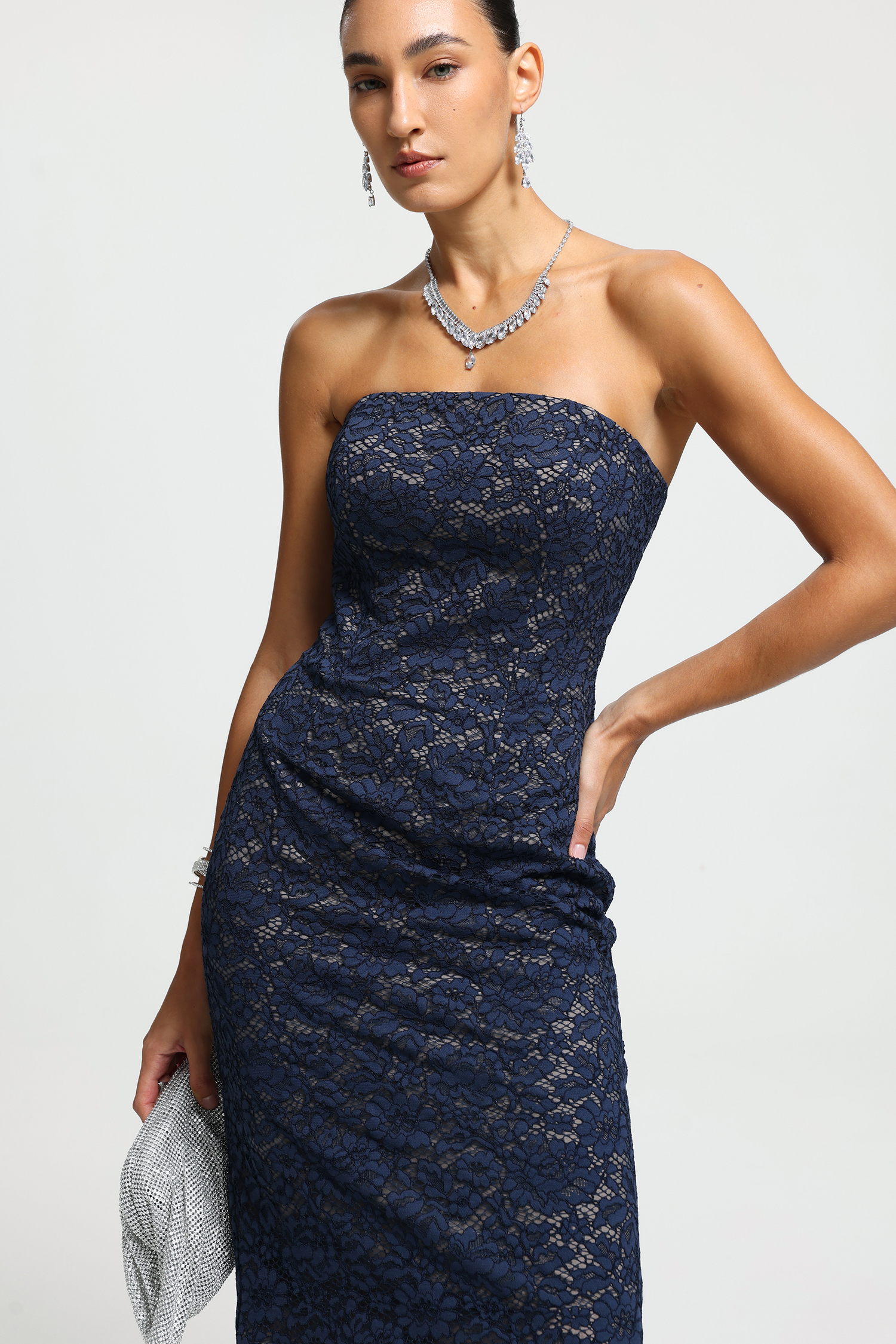 Blue Floral Lace Strapless Midi Dress