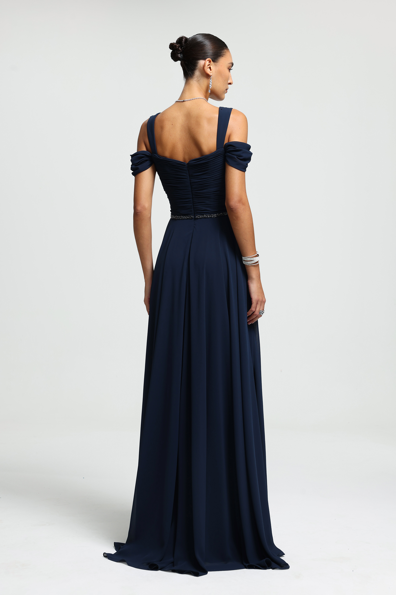 Beaded Strap Ruched Cold-Shoulder Gown