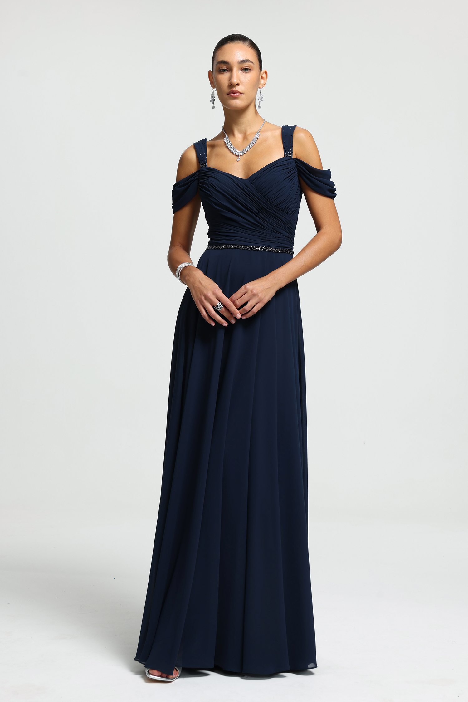 Beaded Strap Ruched Cold-Shoulder Gown